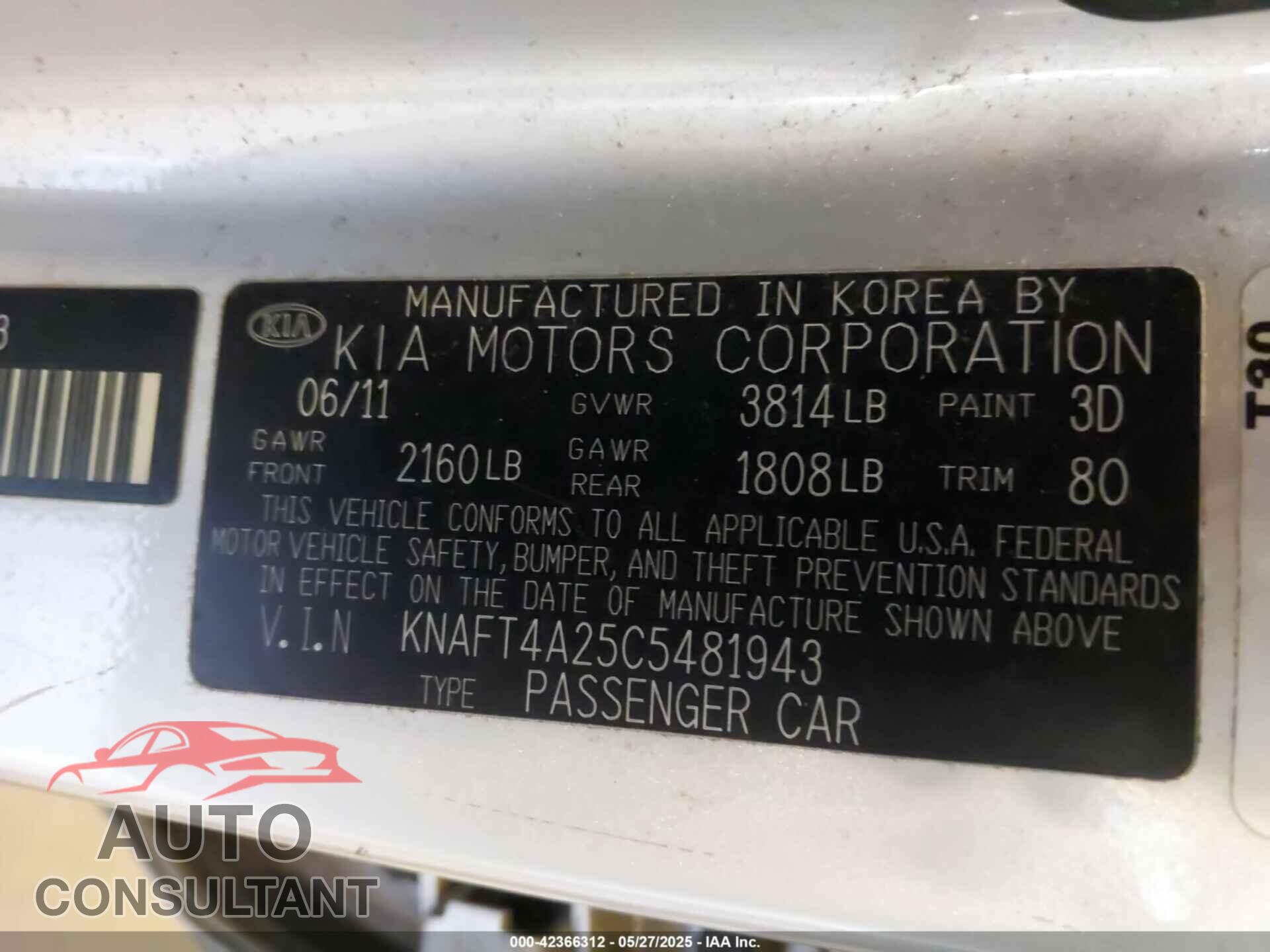 KIA FORTE 2012 - KNAFT4A25C5481943