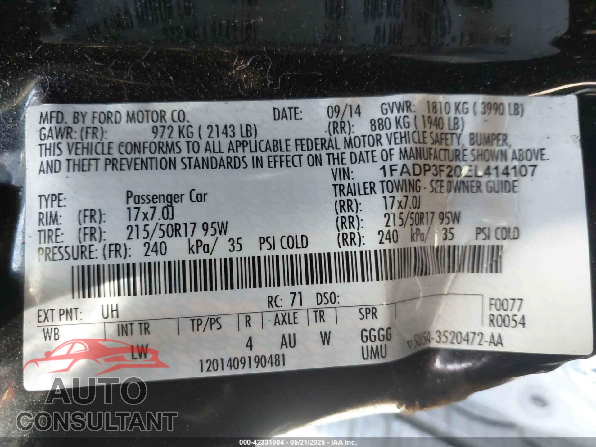 FORD FOCUS 2014 - 1FADP3F20EL414107