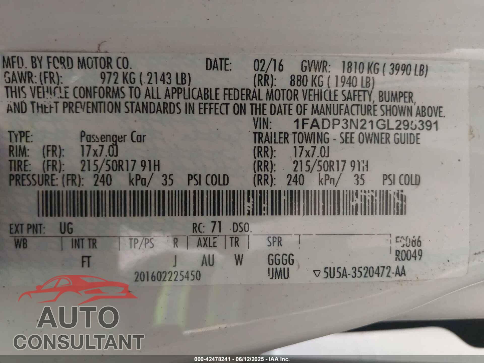 FORD FOCUS 2016 - 1FADP3N21GL295391