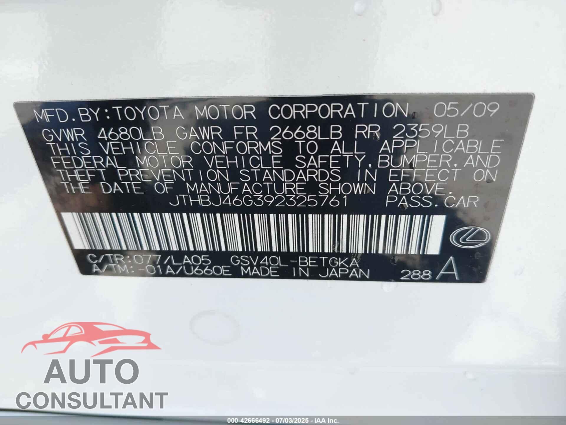 LEXUS ES 350 2009 - JTHBJ46G392325761