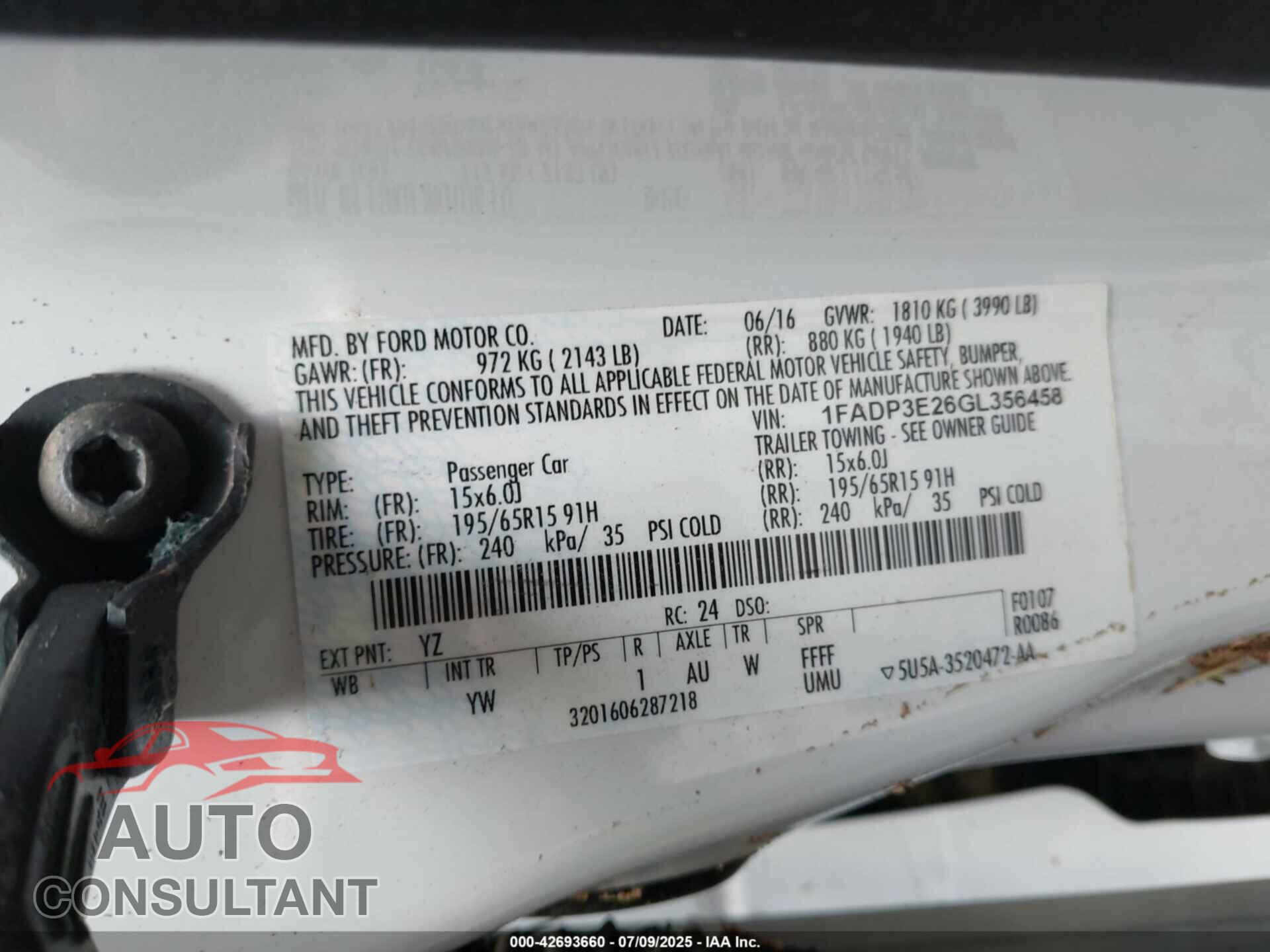 FORD FOCUS 2016 - 1FADP3E26GL356458