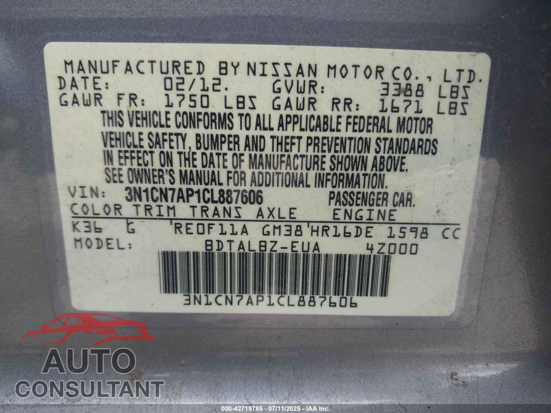 NISSAN VERSA 2012 - 3N1CN7AP1CL887606