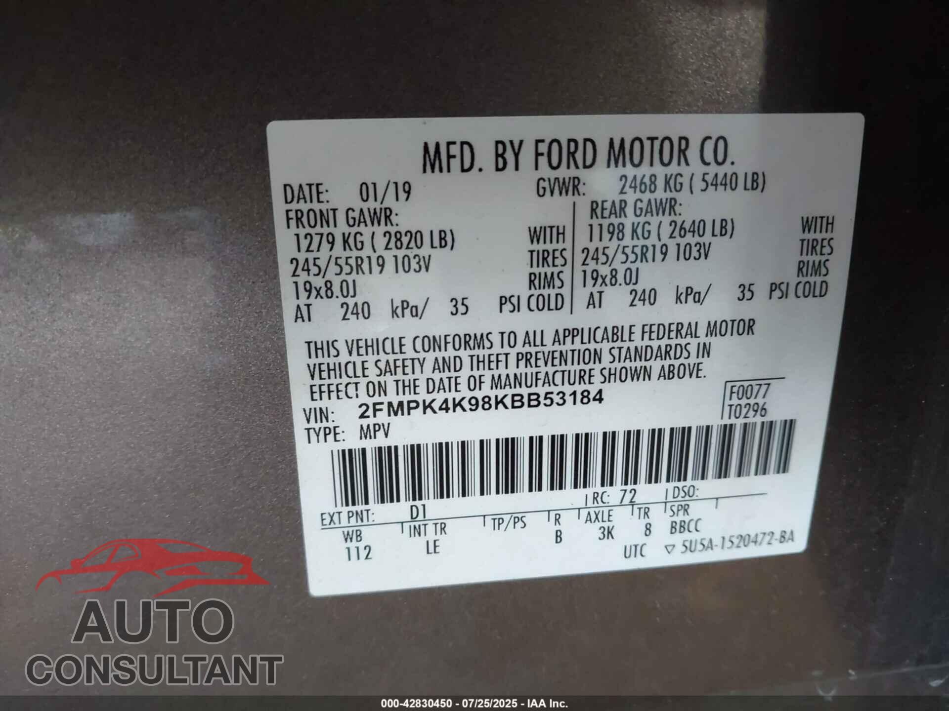 FORD EDGE 2019 - 2FMPK4K98KBB53184