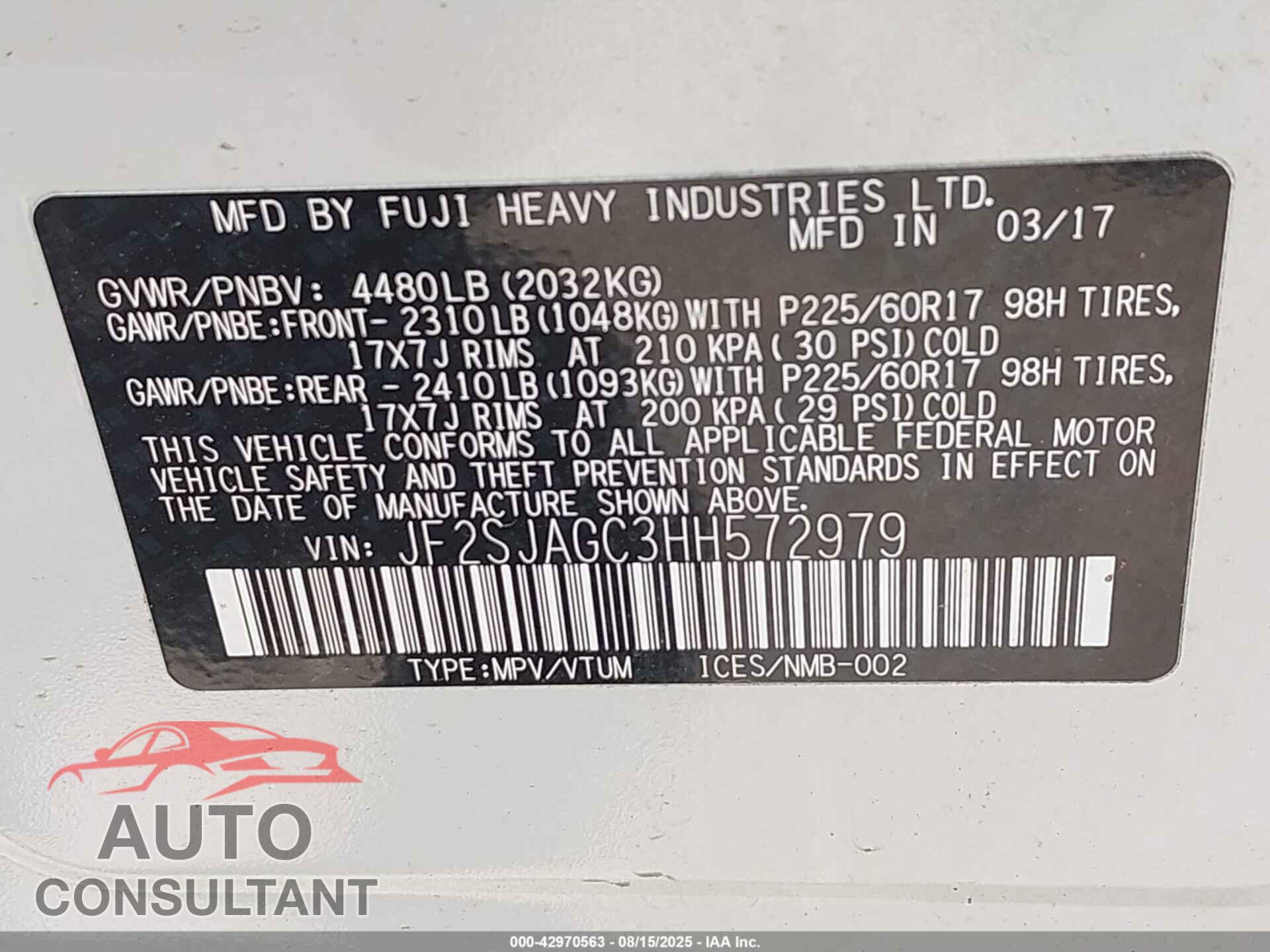 SUBARU FORESTER 2017 - JF2SJAGC3HH572979
