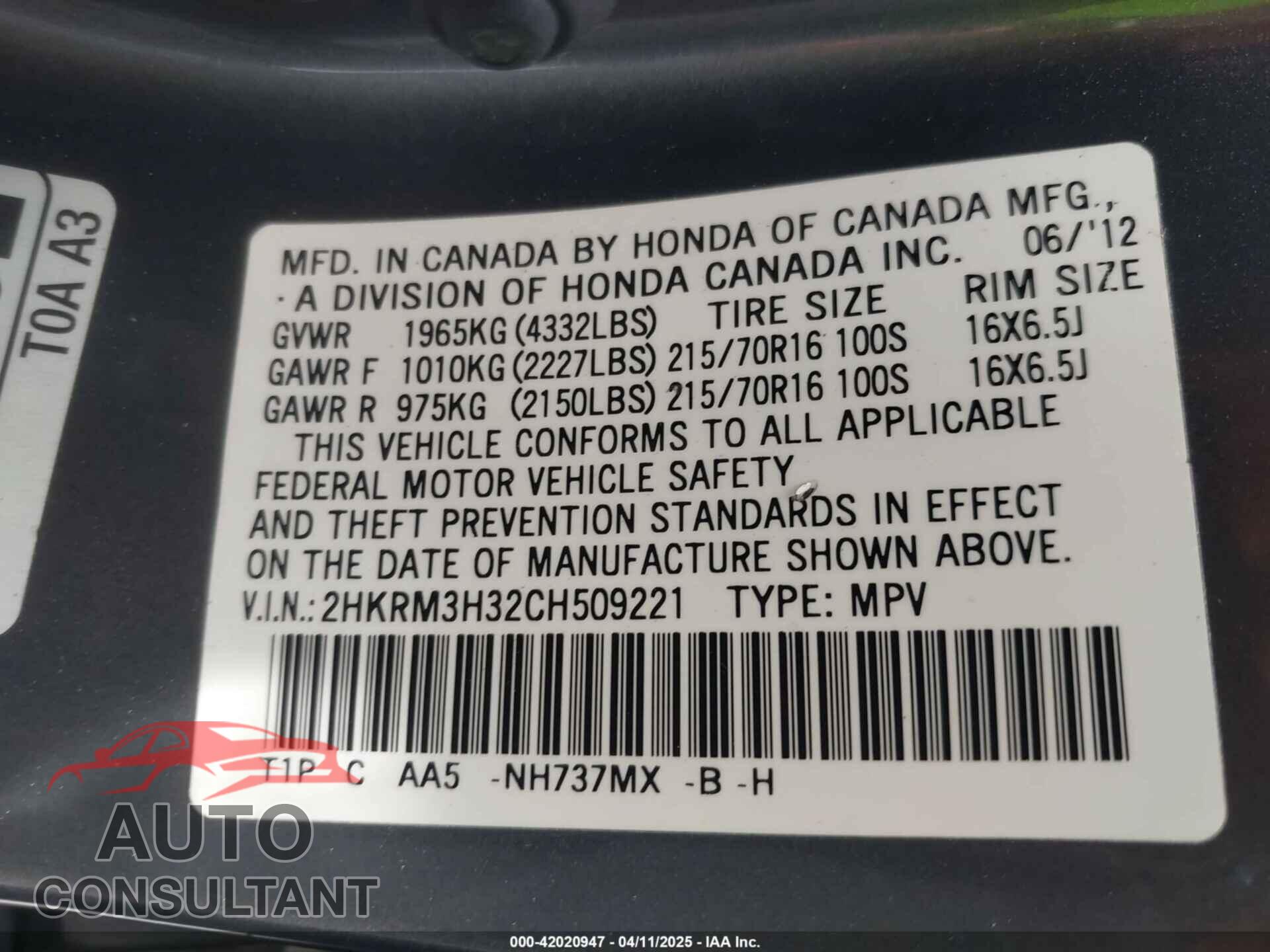 HONDA CR-V 2012 - 2HKRM3H32CH509221