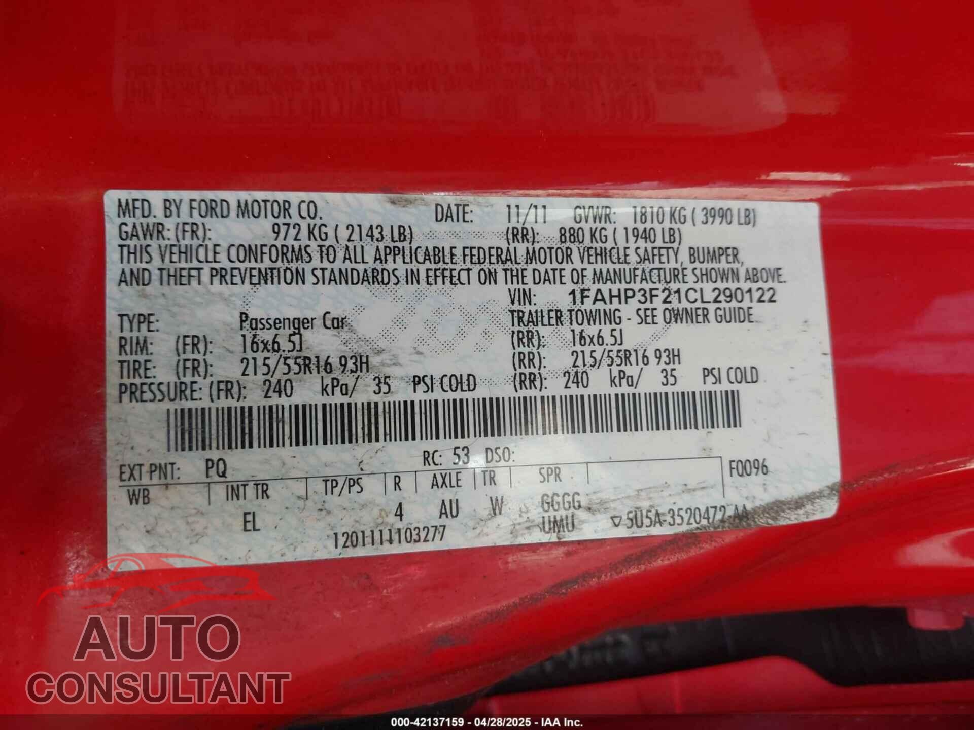 FORD FOCUS 2012 - 1FAHP3F21CL290122
