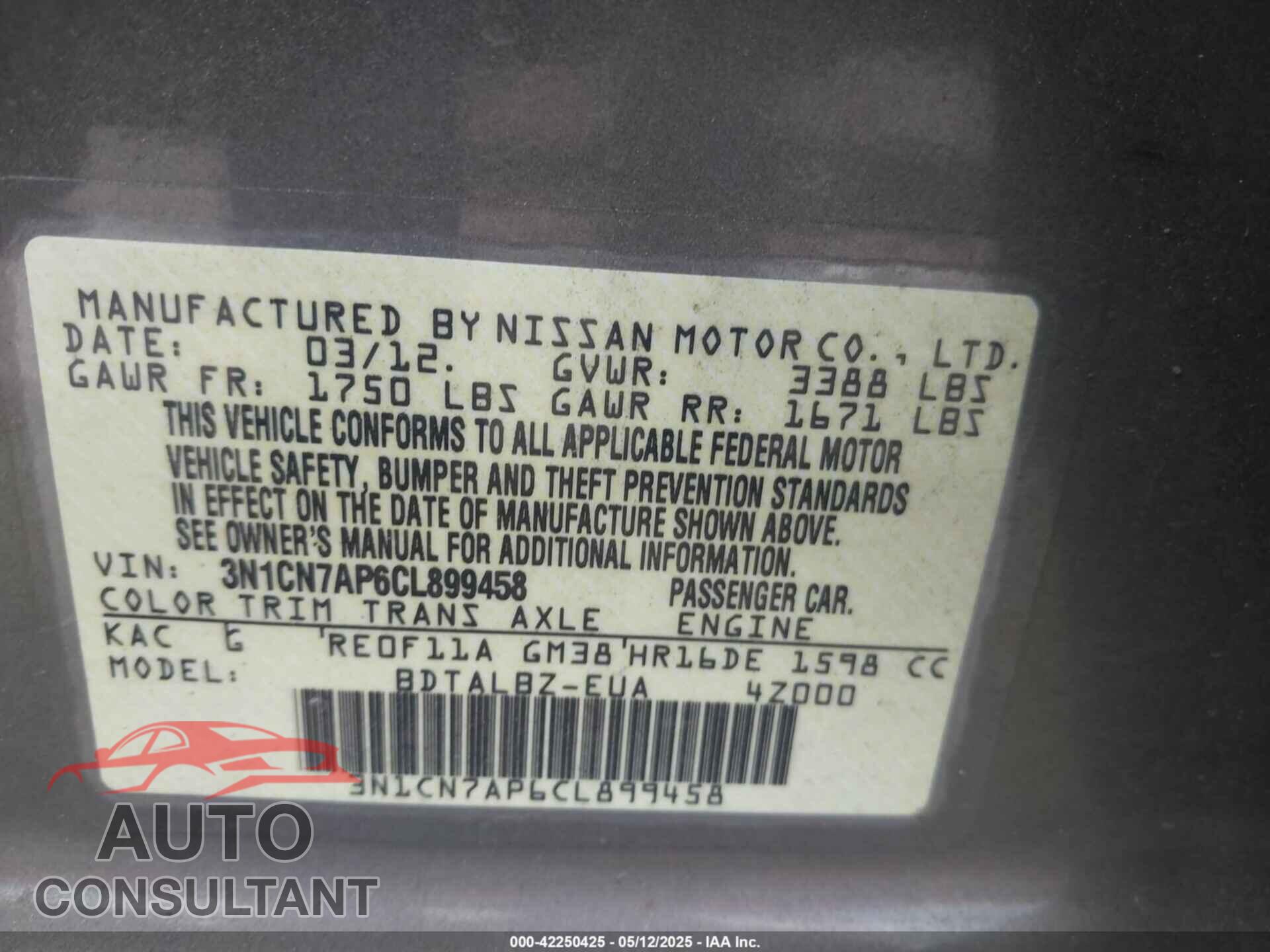 NISSAN VERSA 2012 - 3N1CN7AP6CL899458