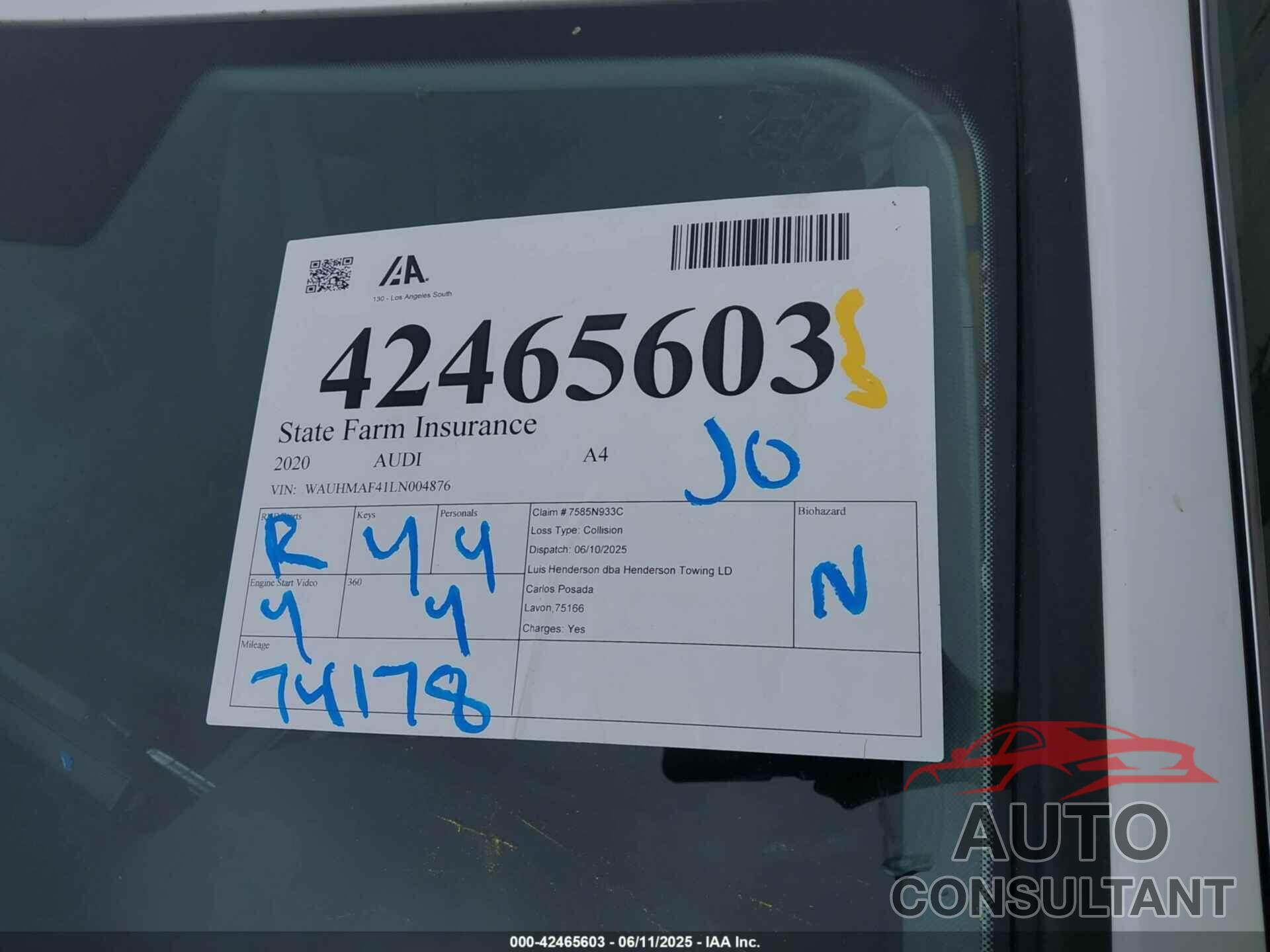 AUDI A4 2020 - WAUHMAF41LN004876