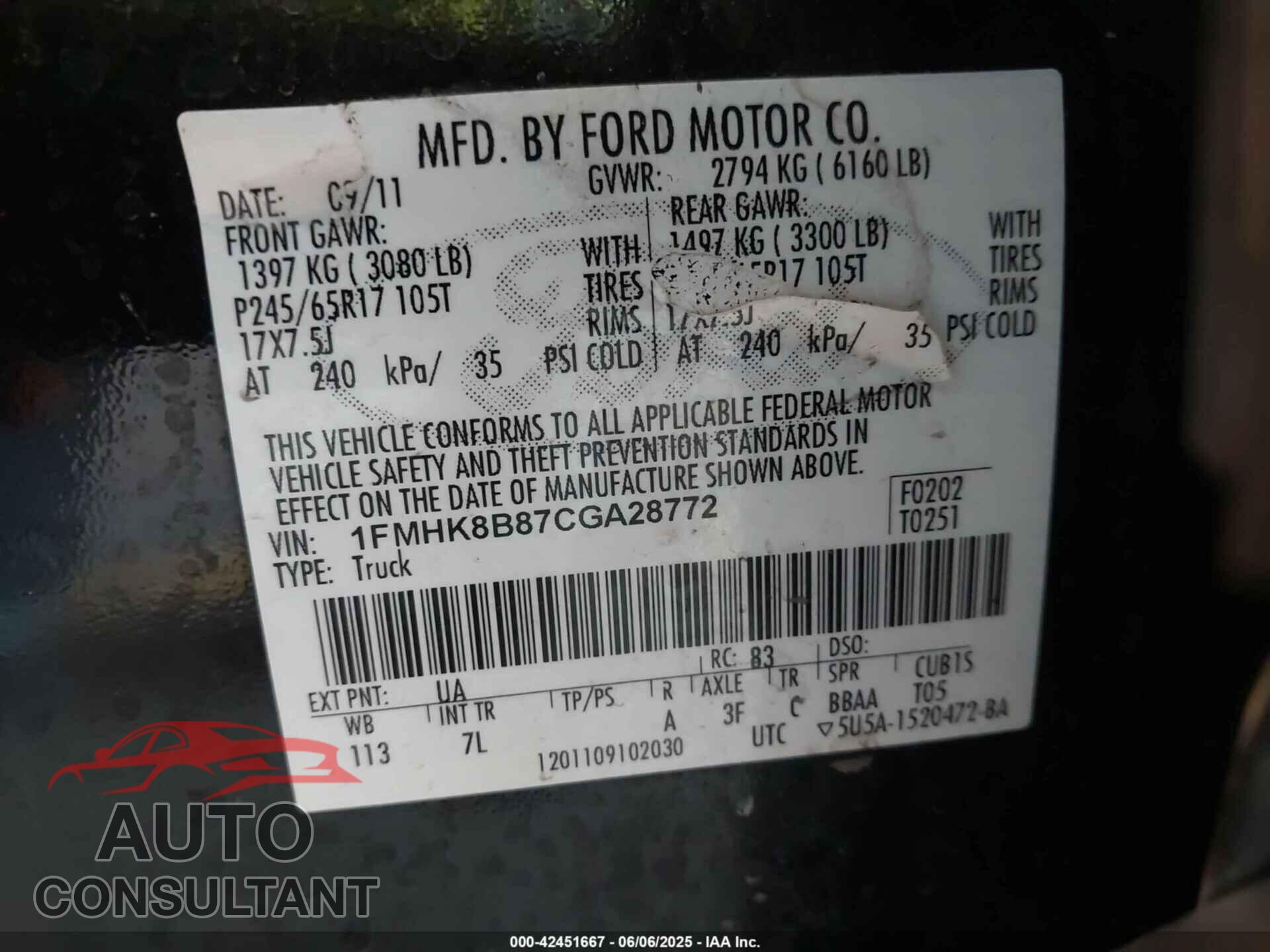 FORD EXPLORER 2012 - 1FMHK8B87CGA28772