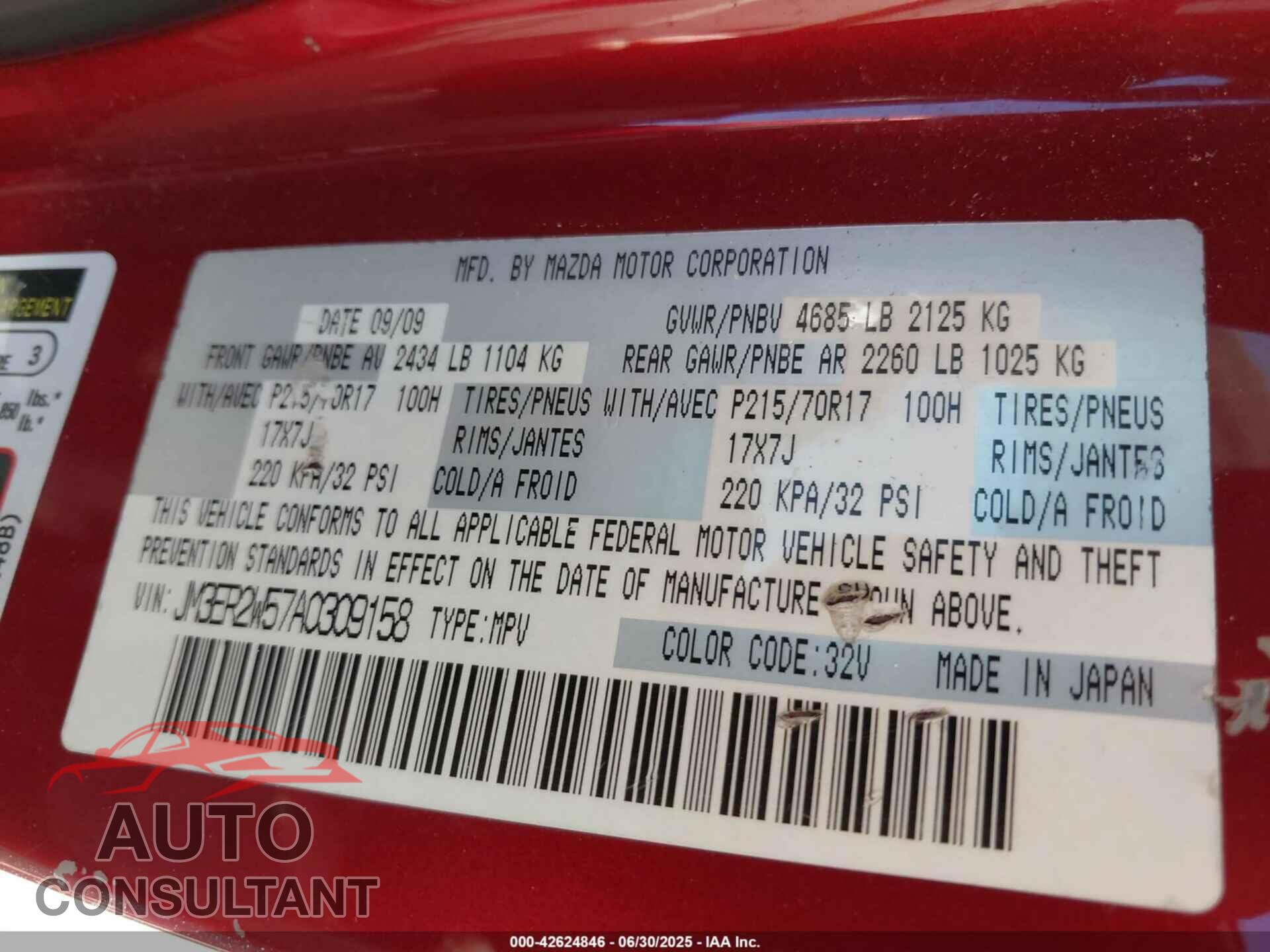 MAZDA CX-7 2010 - JM3ER2W57A0309158