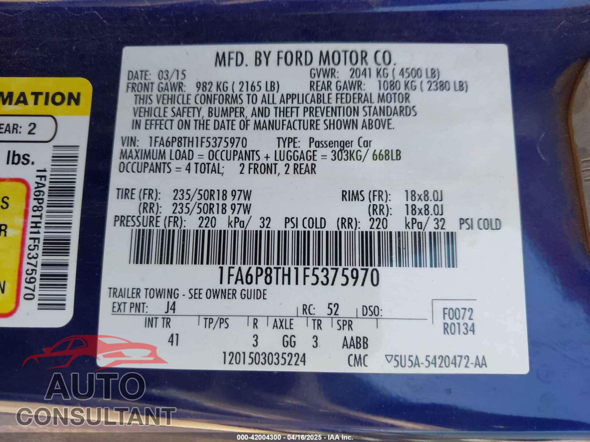 FORD MUSTANG 2015 - 1FA6P8TH1F5375970