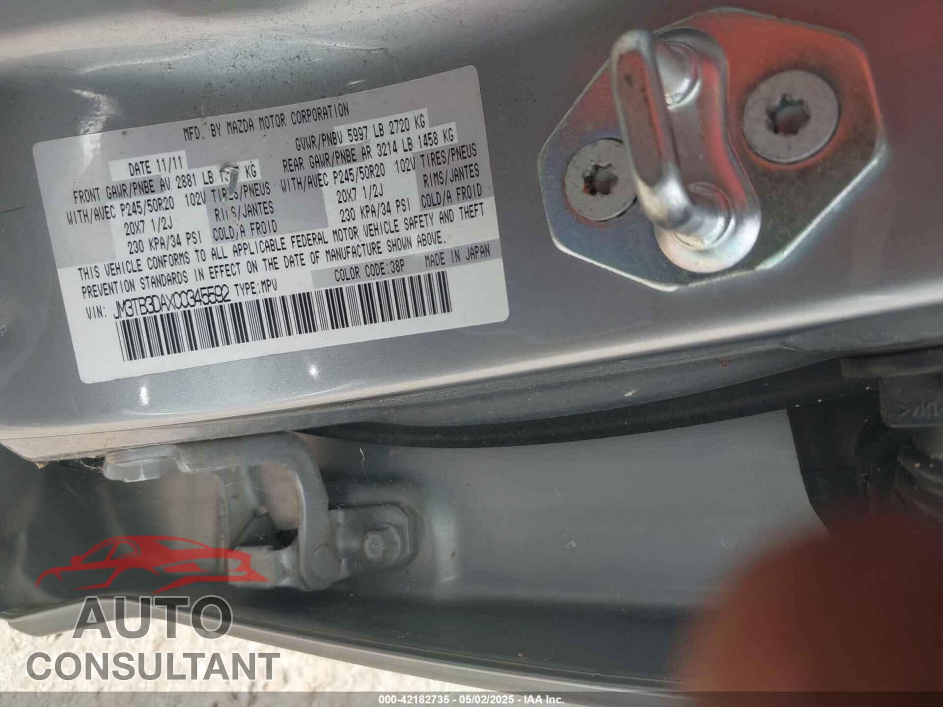 MAZDA CX-9 2012 - JM3TB3DAXC0345592