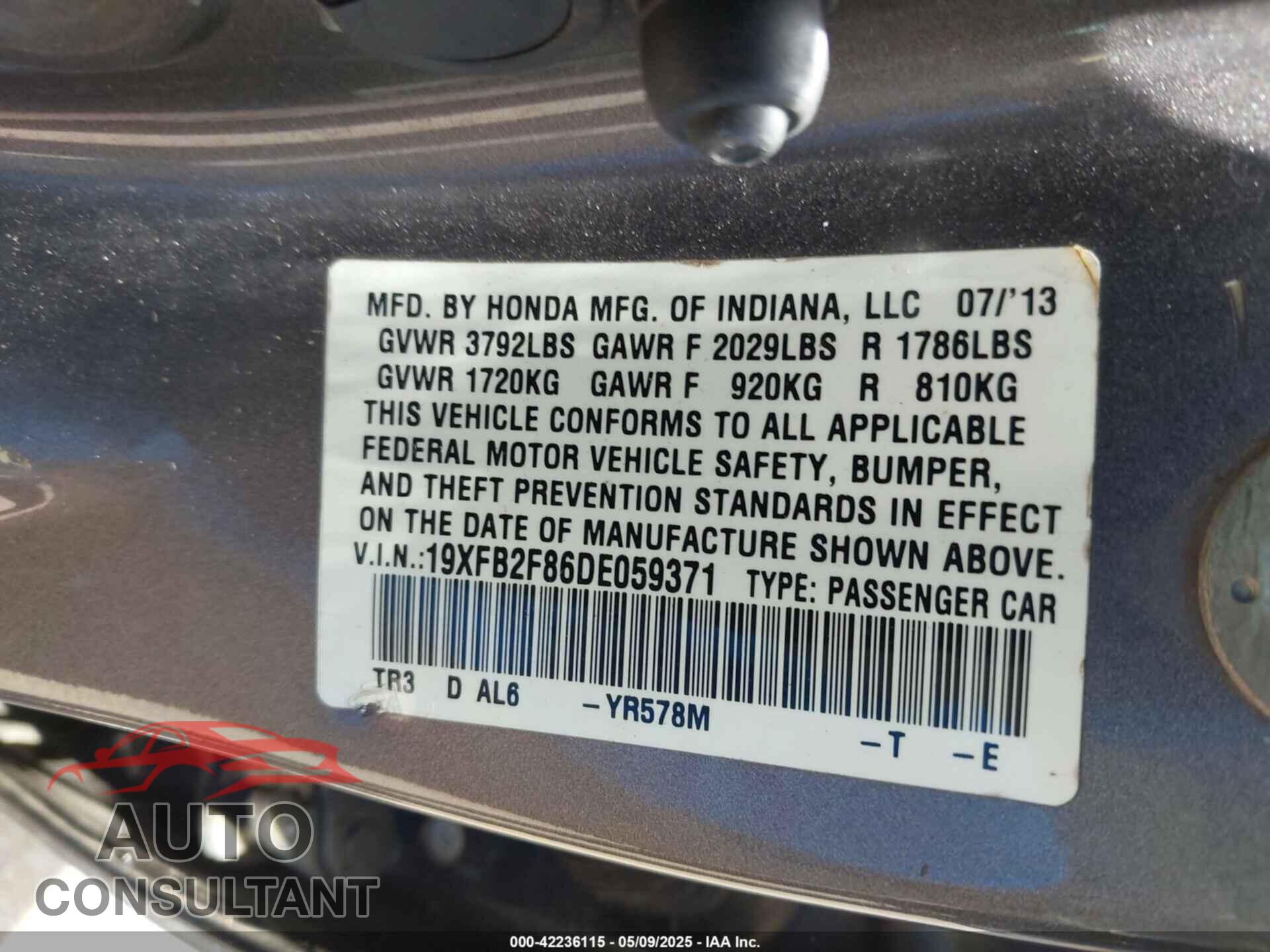 HONDA CIVIC 2013 - 19XFB2F86DE059371