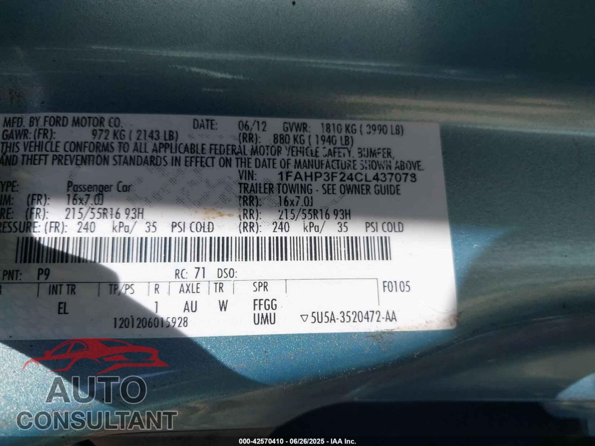 FORD FOCUS 2012 - 1FAHP3F24CL437078