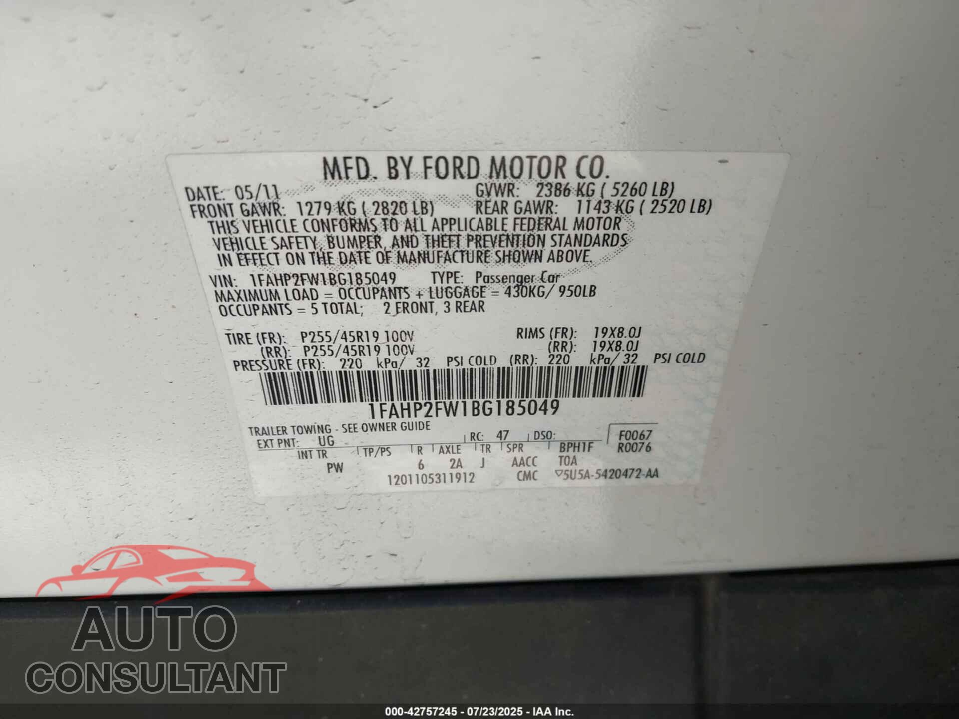 FORD TAURUS 2011 - 1FAHP2FW1BG185049