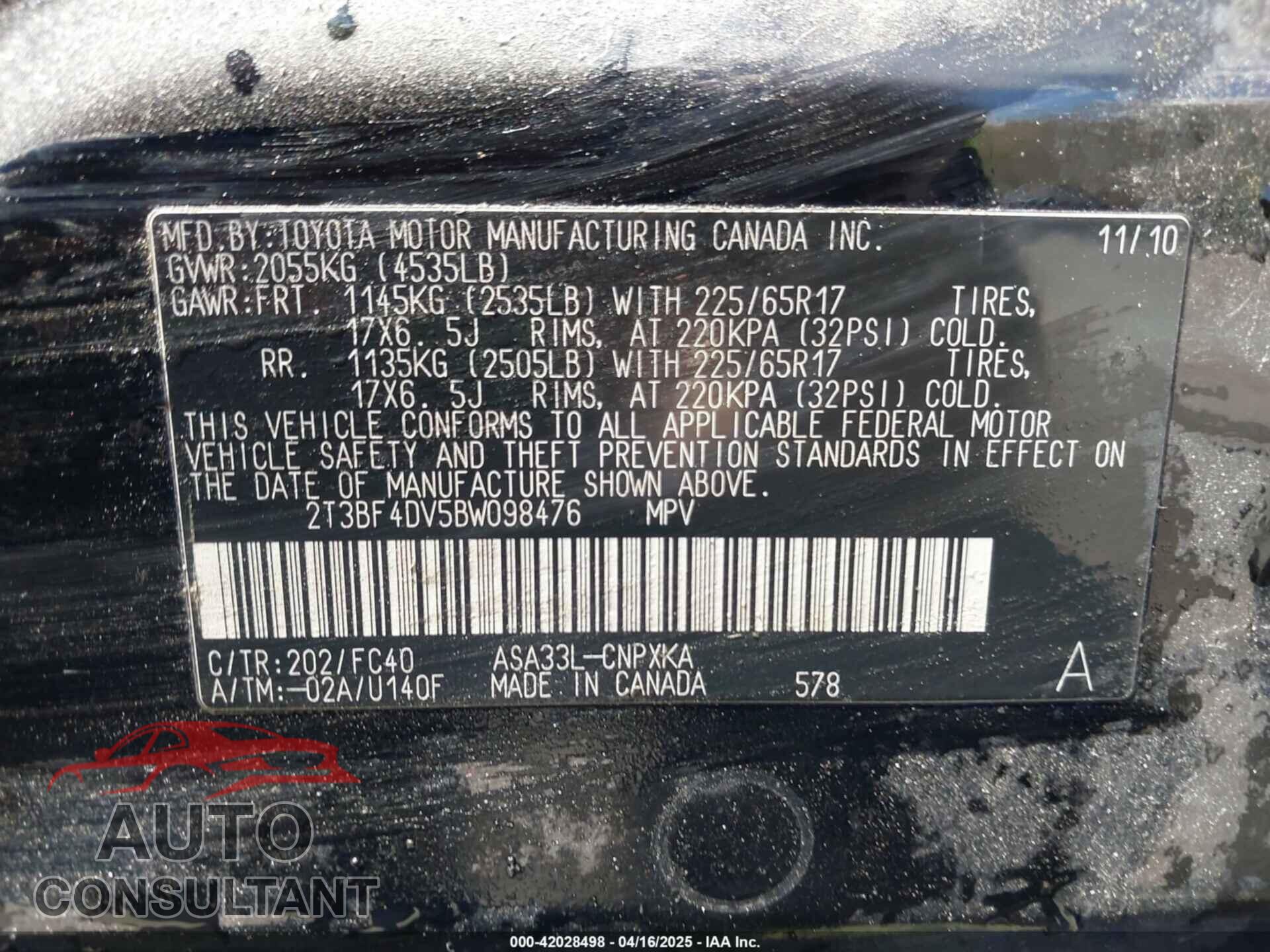 TOYOTA RAV4 2011 - 2T3BF4DV5BW098476