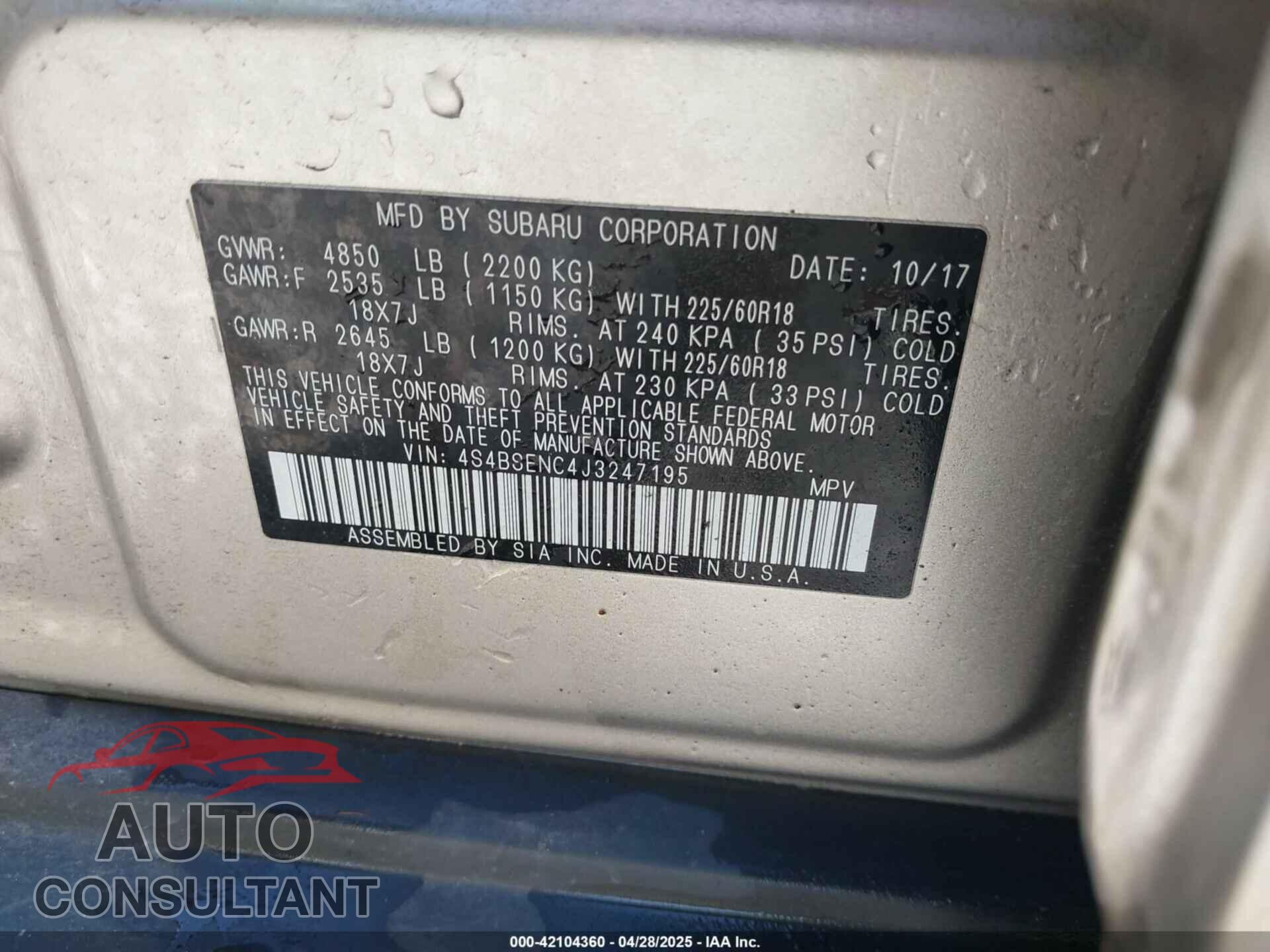 SUBARU OUTBACK 2018 - 4S4BSENC4J3247195