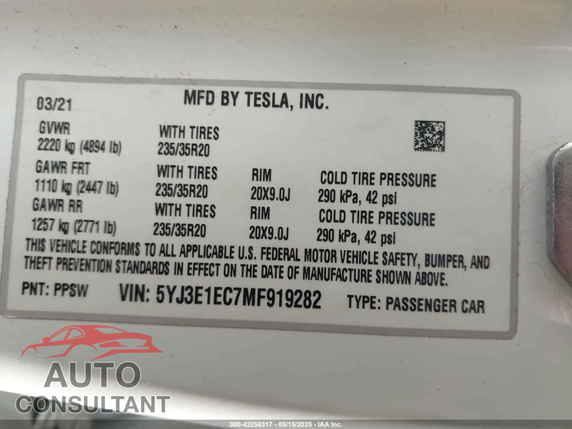 TESLA MODEL 3 2021 - 5YJ3E1EC7MF919282