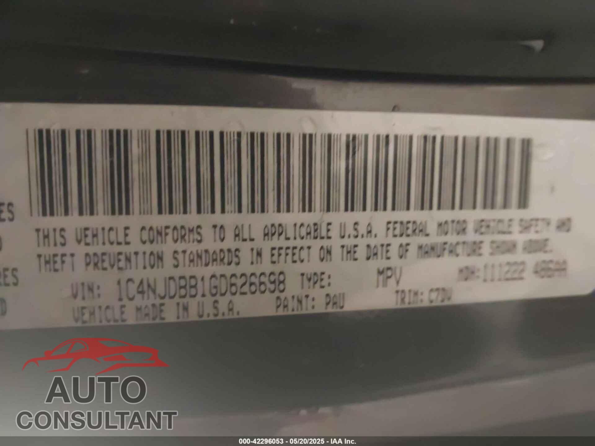 JEEP COMPASS 2016 - 1C4NJDBB1GD626698