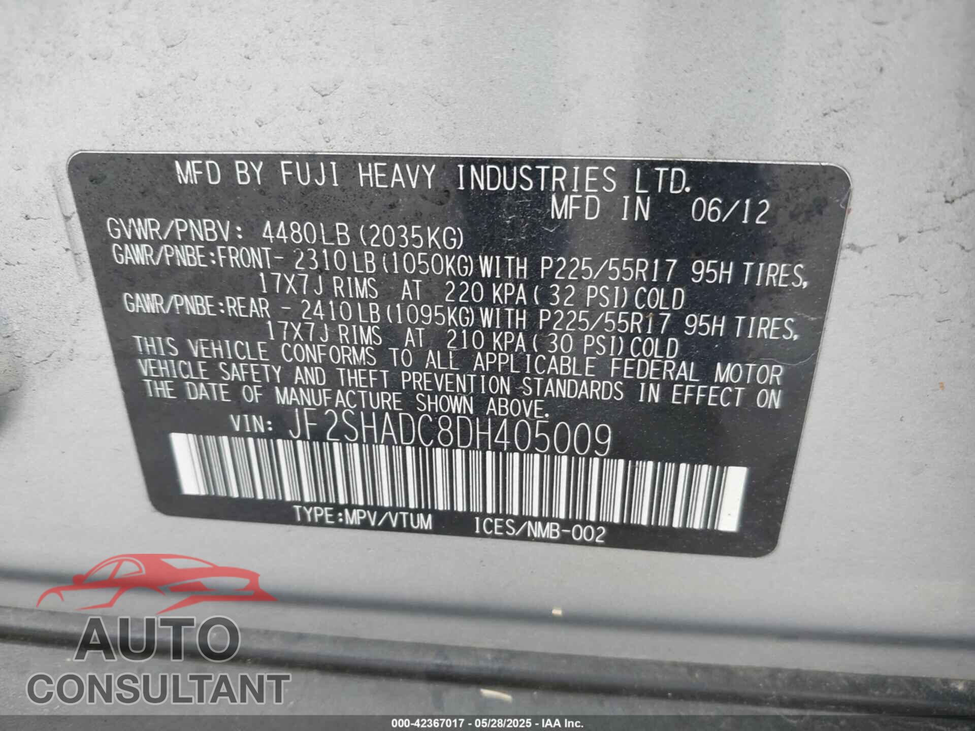 SUBARU FORESTER 2013 - JF2SHADC8DH405009