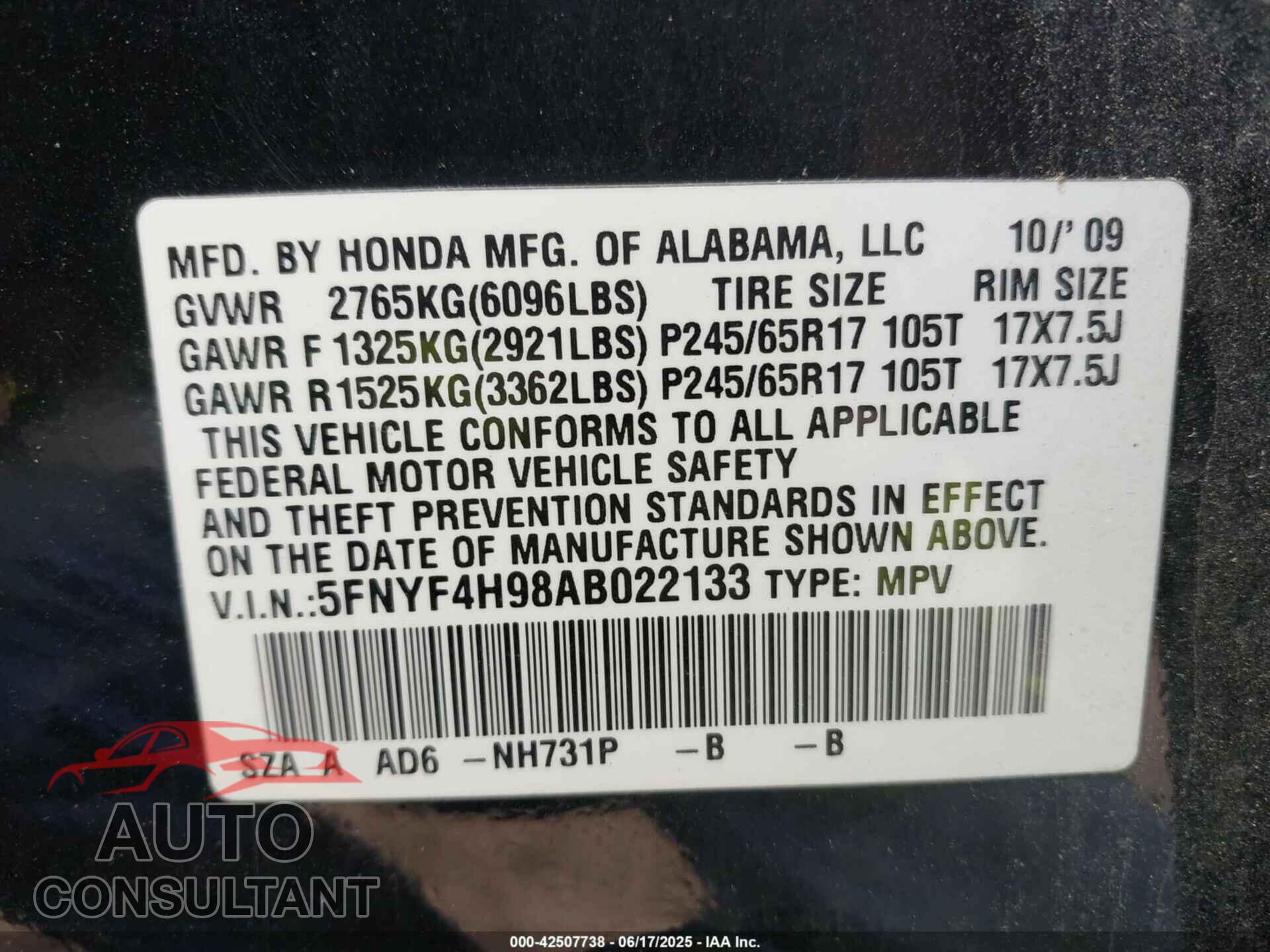 HONDA PILOT 2010 - 5FNYF4H98AB022133