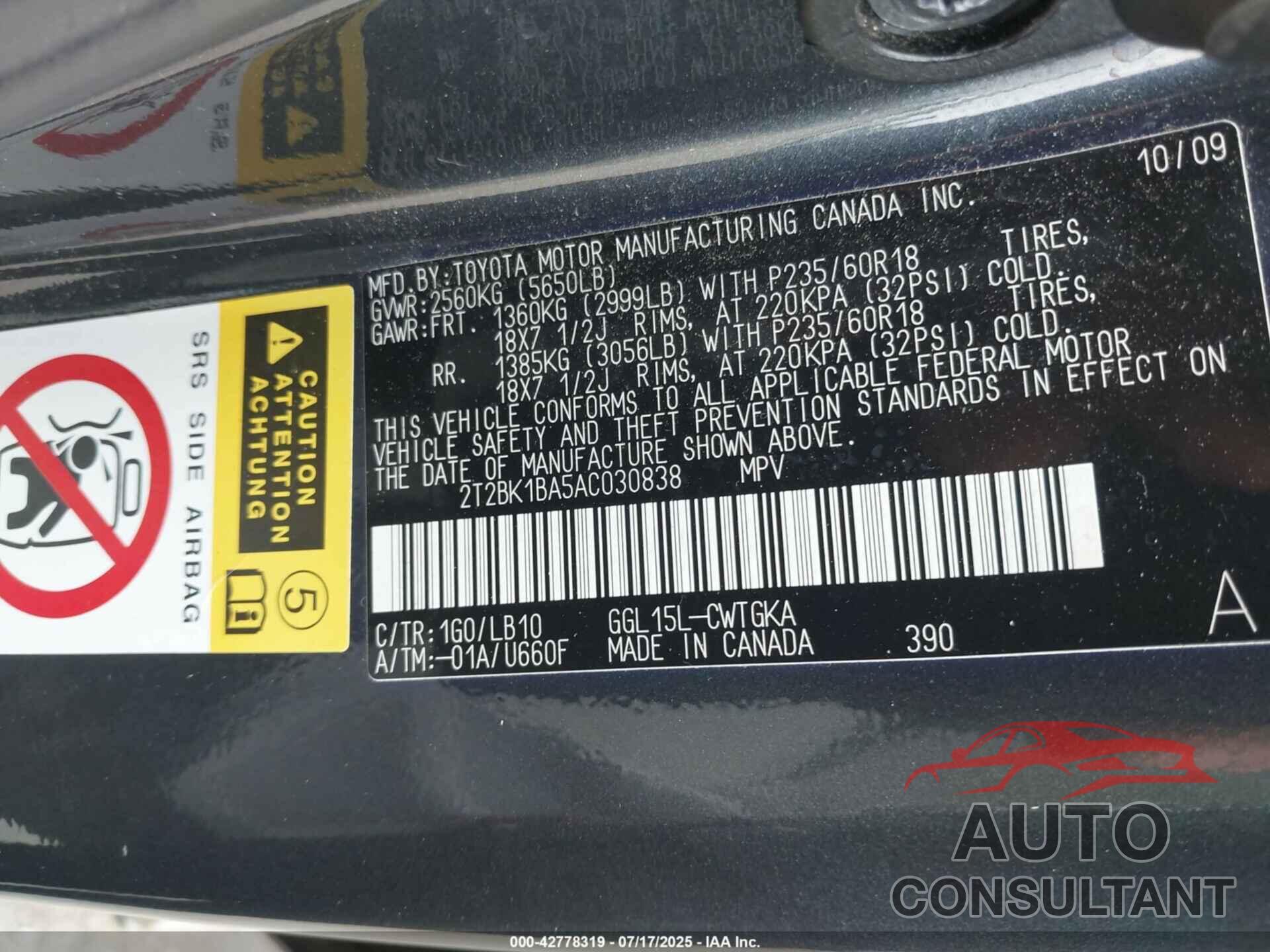 LEXUS RX 350 2010 - 2T2BK1BA5AC030838