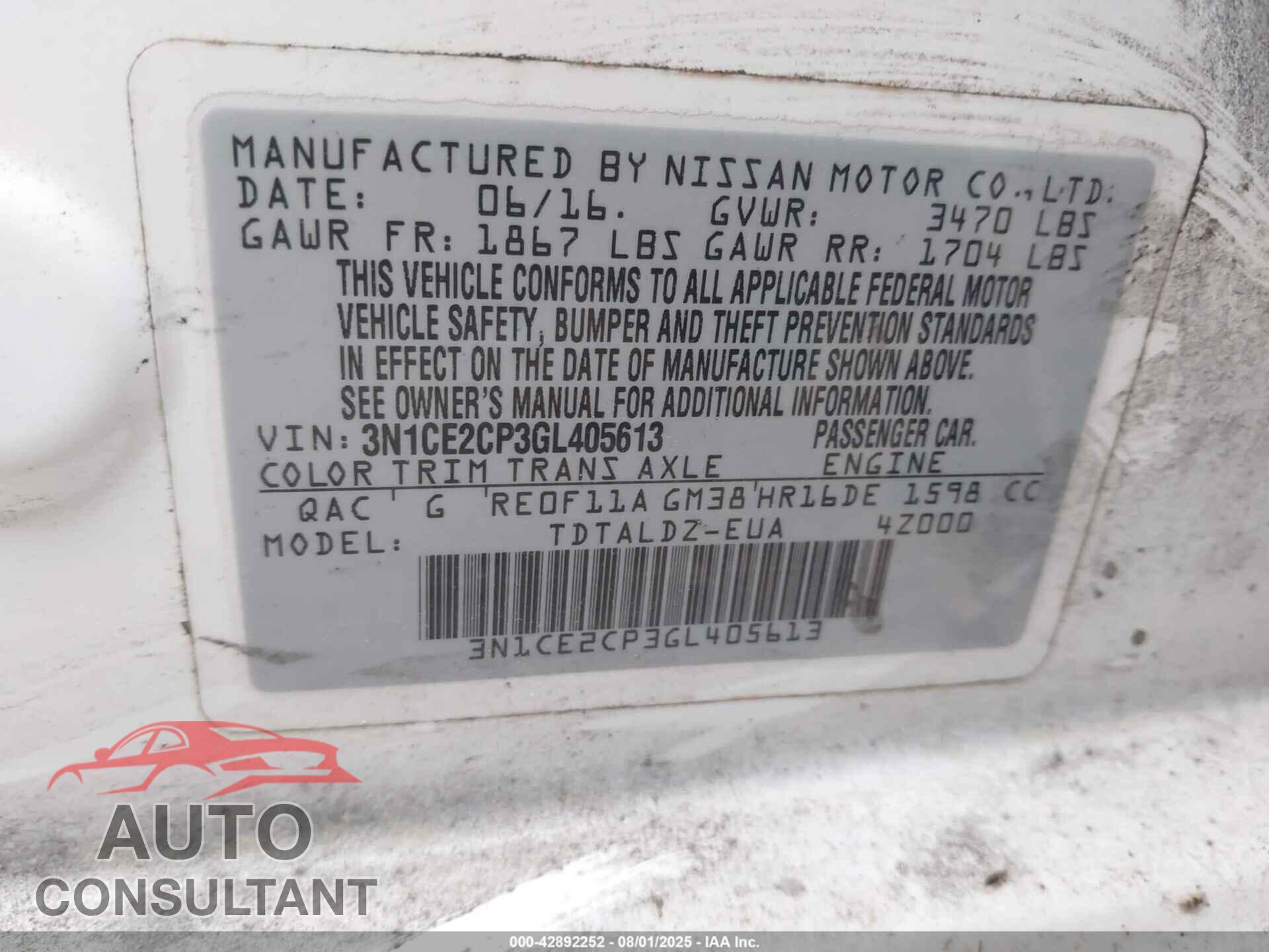 NISSAN VERSA NOTE 2016 - 3N1CE2CP3GL405613