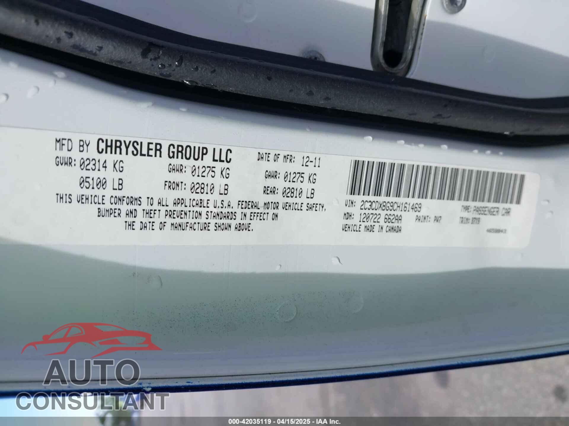 DODGE CHARGER 2012 - 2C3CDXBG9CH161469
