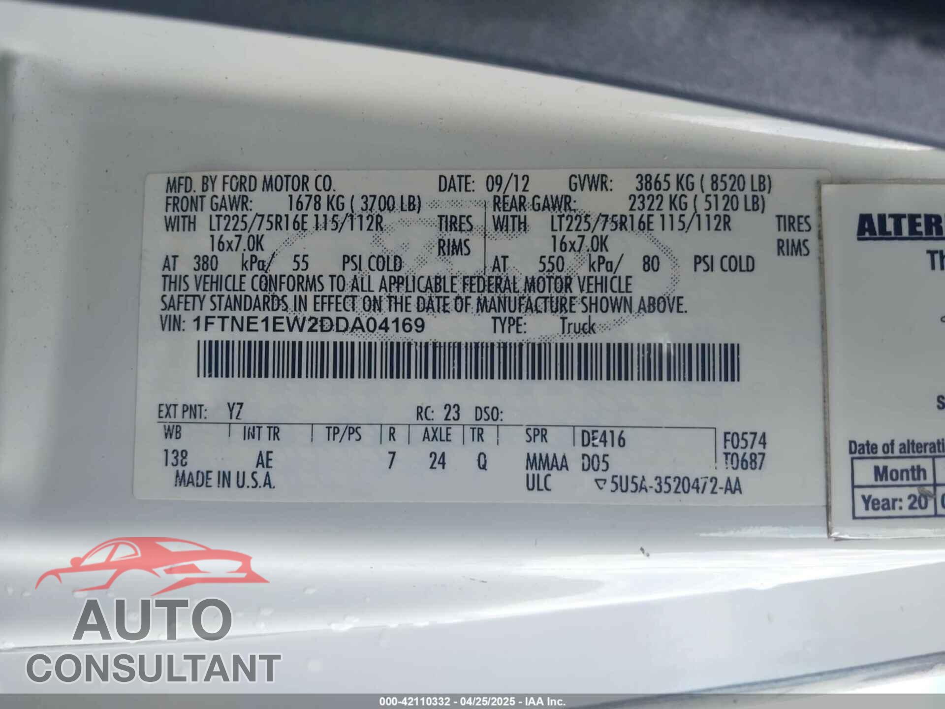 FORD E-150 2013 - 1FTNE1EW2DDA04169
