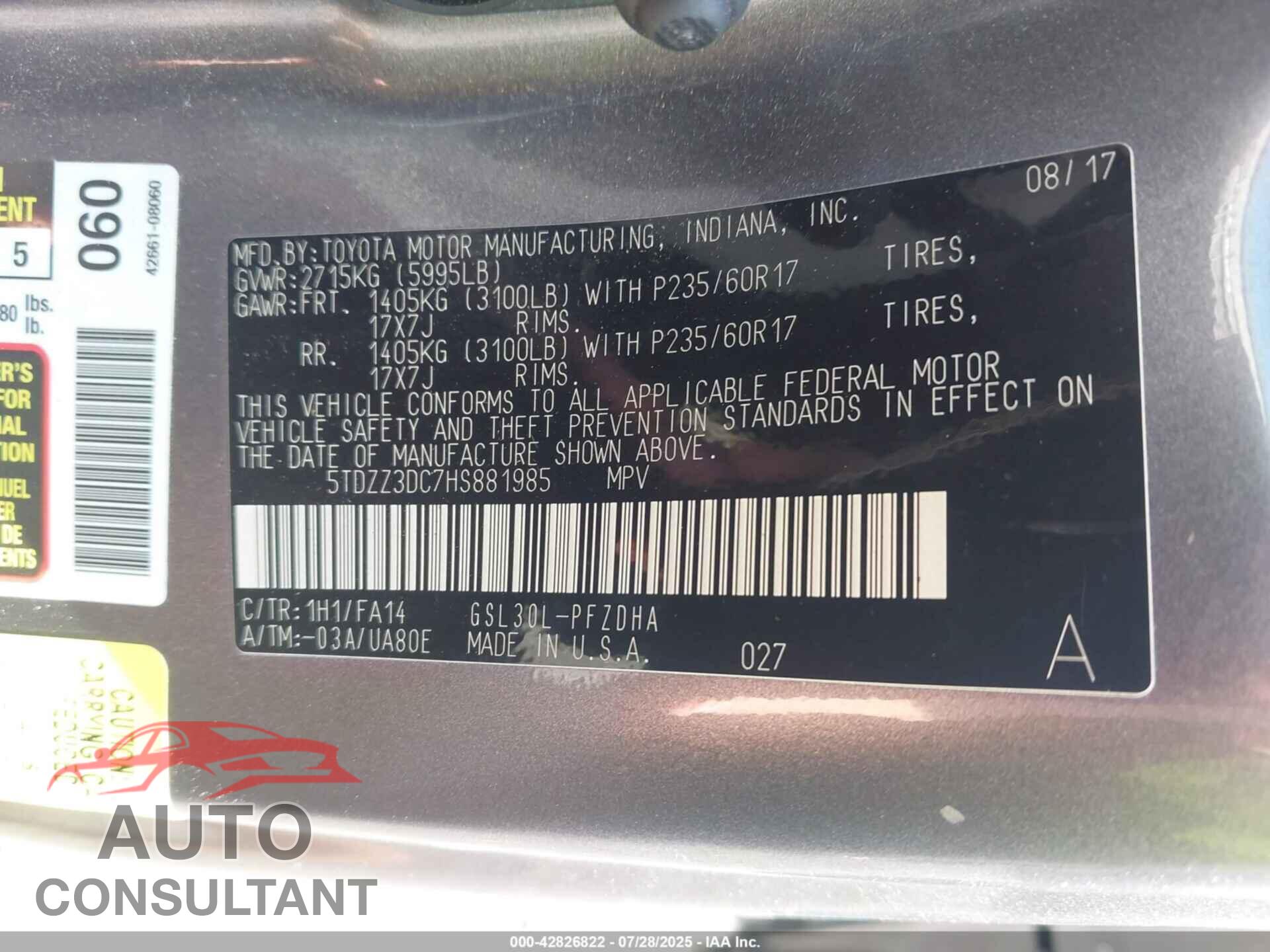 TOYOTA SIENNA 2017 - 5TDZZ3DC7HS881985