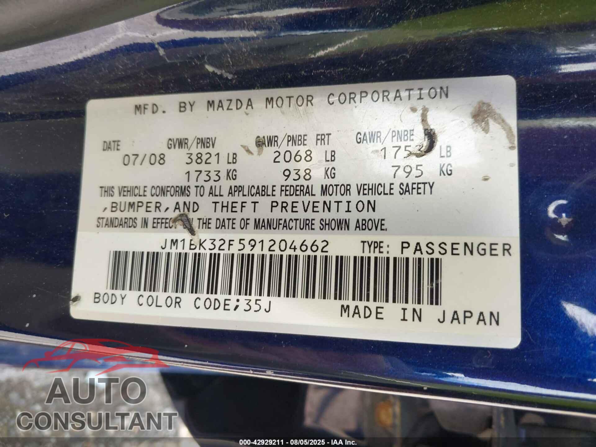 MAZDA MAZDA3 2009 - JM1BK32F591204662