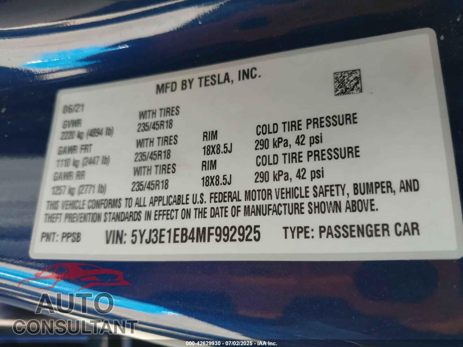 TESLA MODEL 3 2021 - 5YJ3E1EB4MF992925