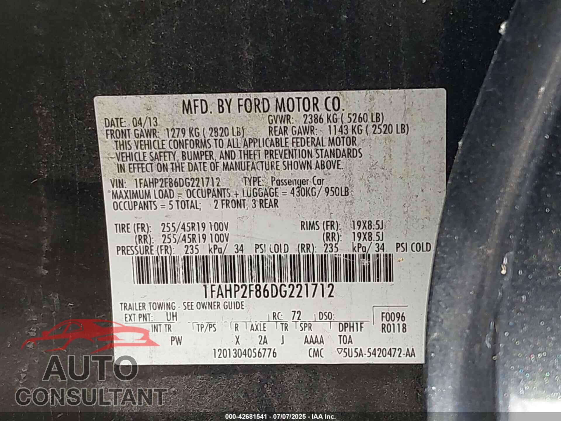 FORD TAURUS 2013 - 1FAHP2F86DG221712