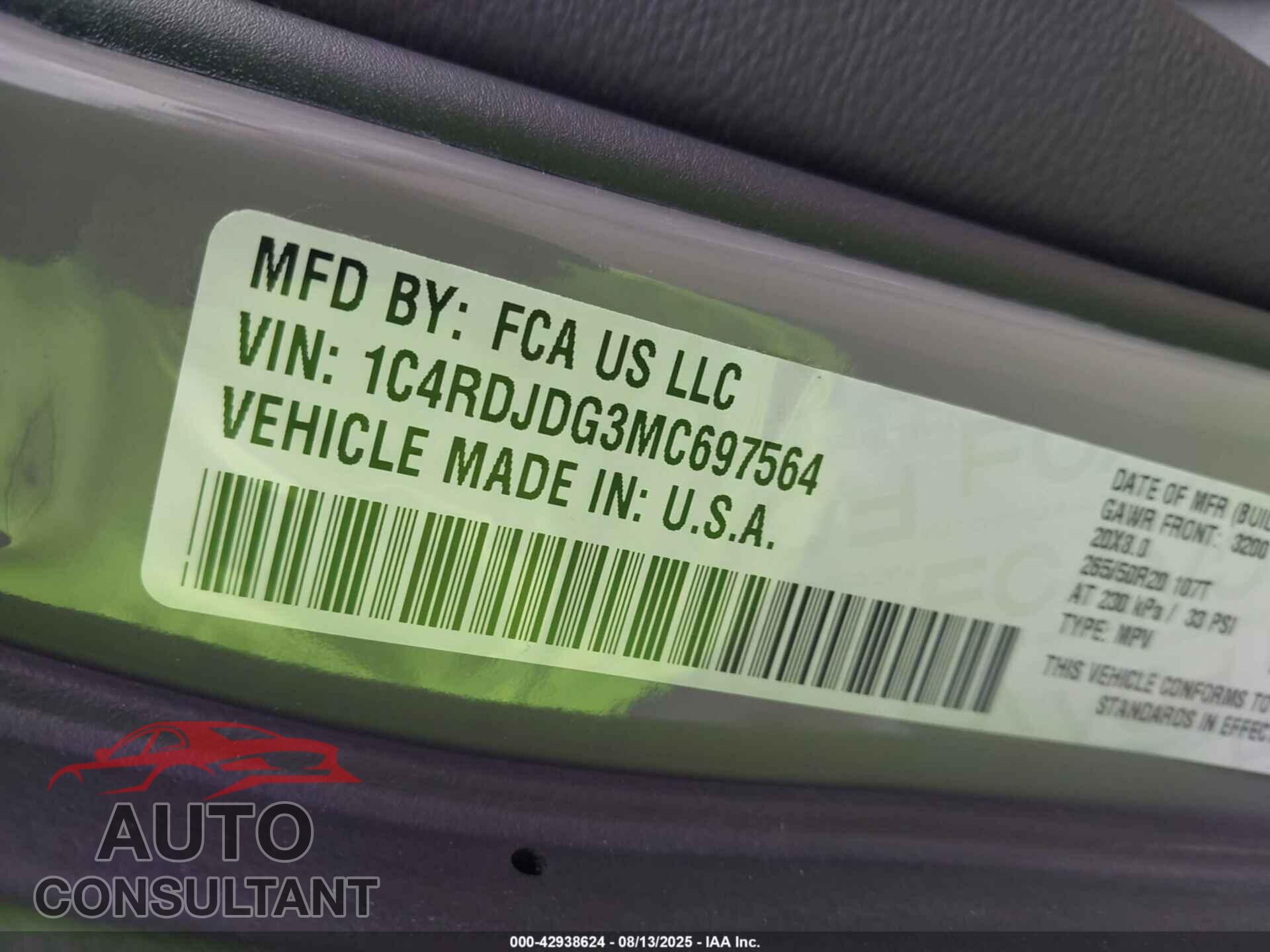 DODGE DURANGO 2021 - 1C4RDJDG3MC697564