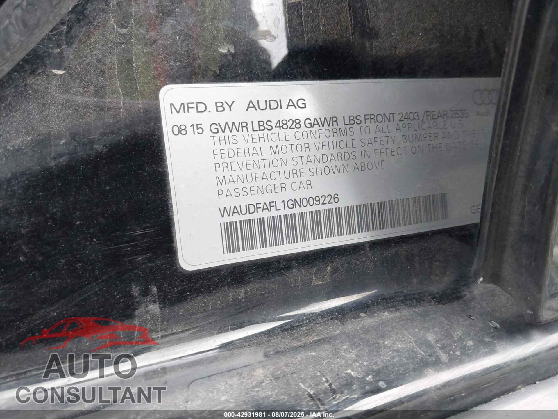 AUDI A4 2016 - WAUDFAFL1GN009226