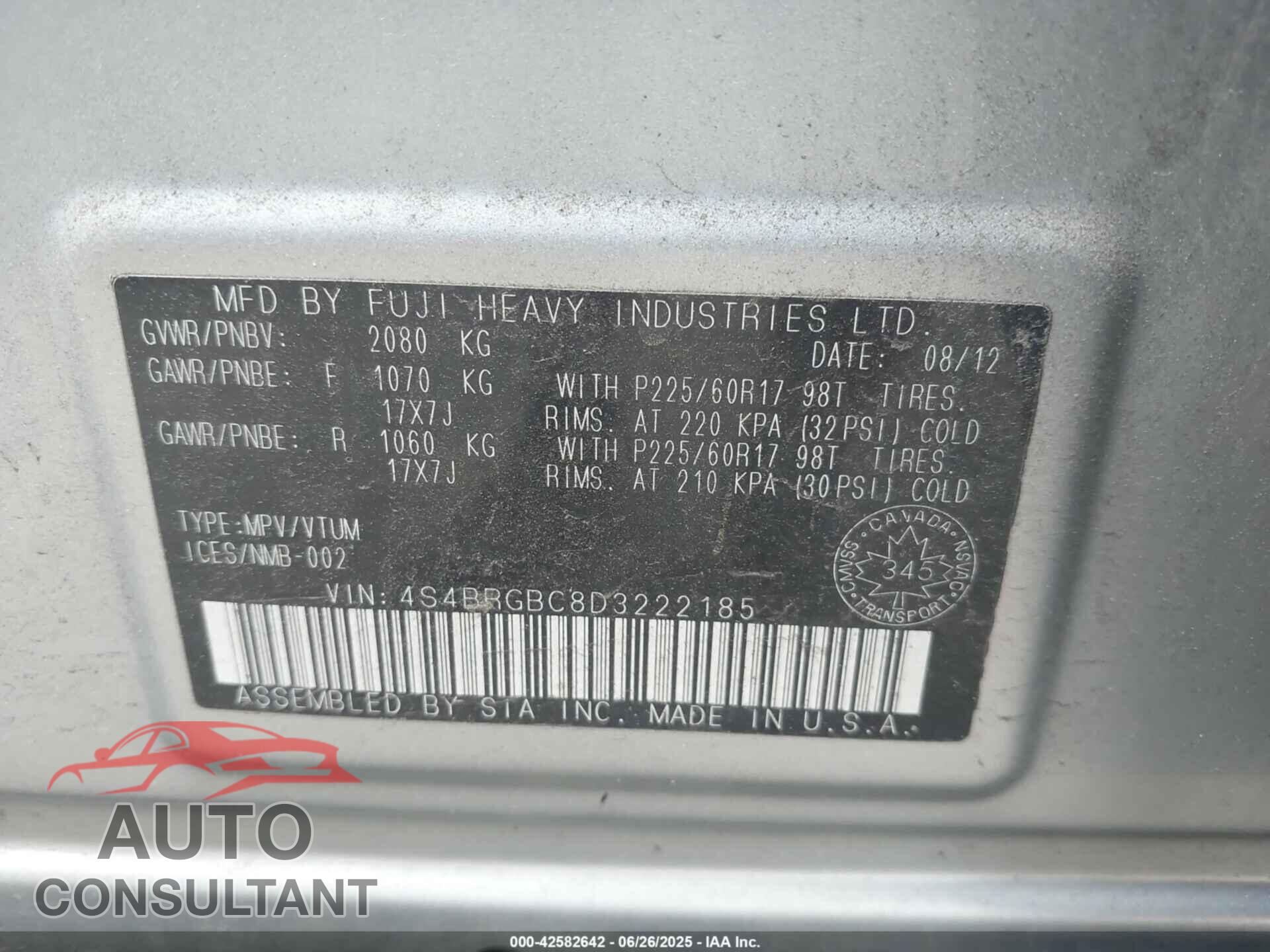 SUBARU OUTBACK 2013 - 4S4BRGBC8D3222185