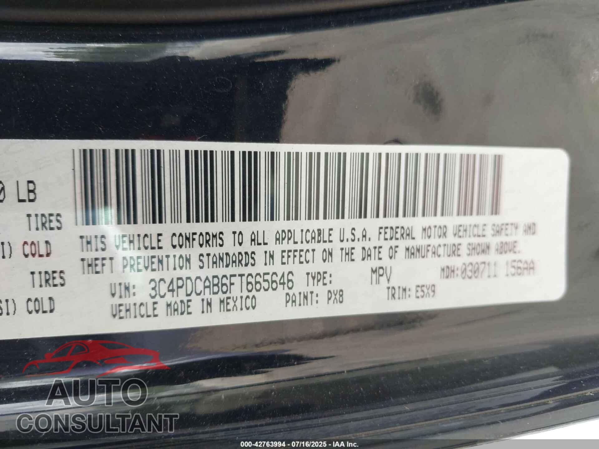 DODGE JOURNEY 2015 - 3C4PDCAB6FT665646