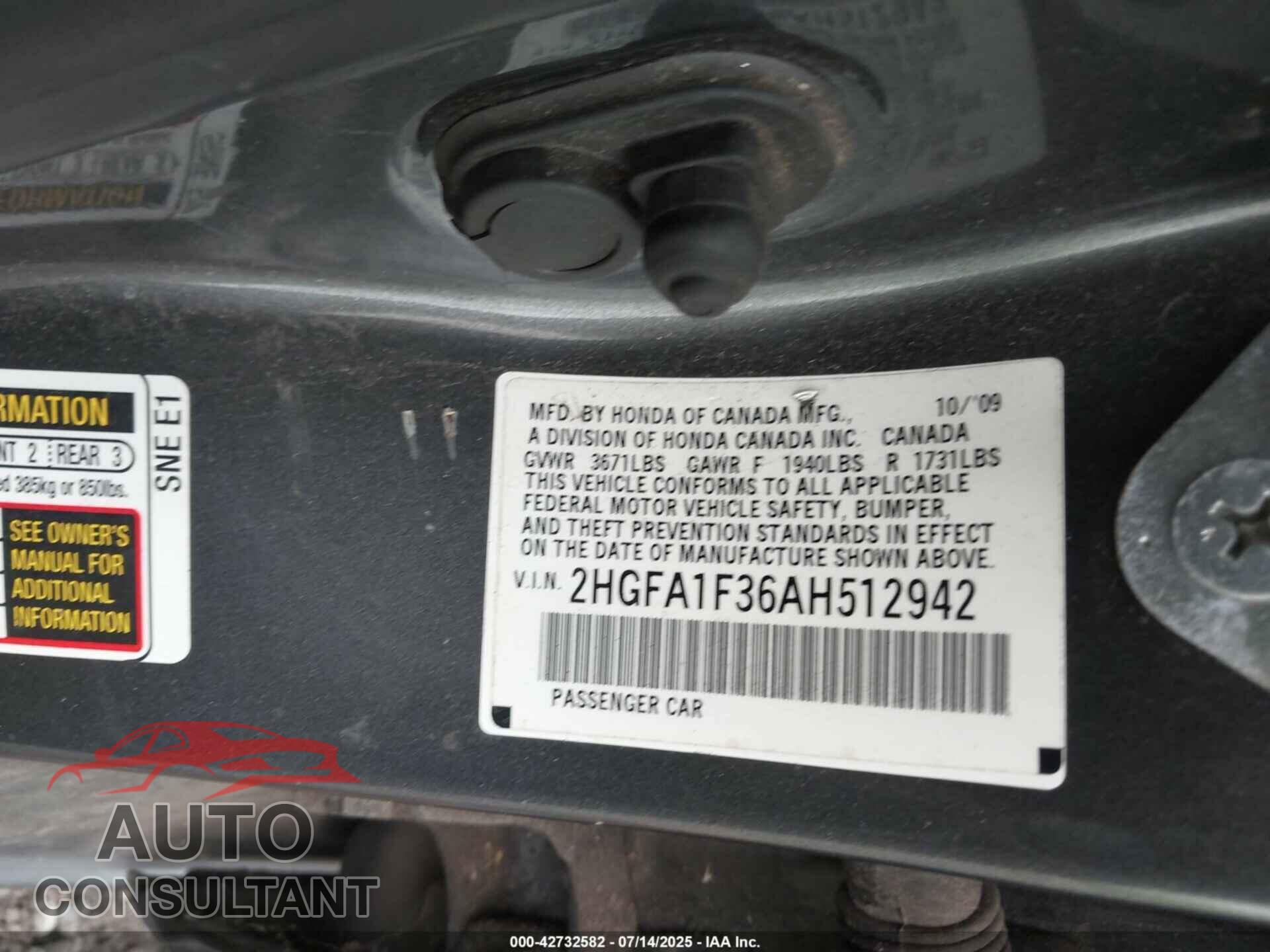 HONDA CIVIC 2010 - 2HGFA1F36AH512942