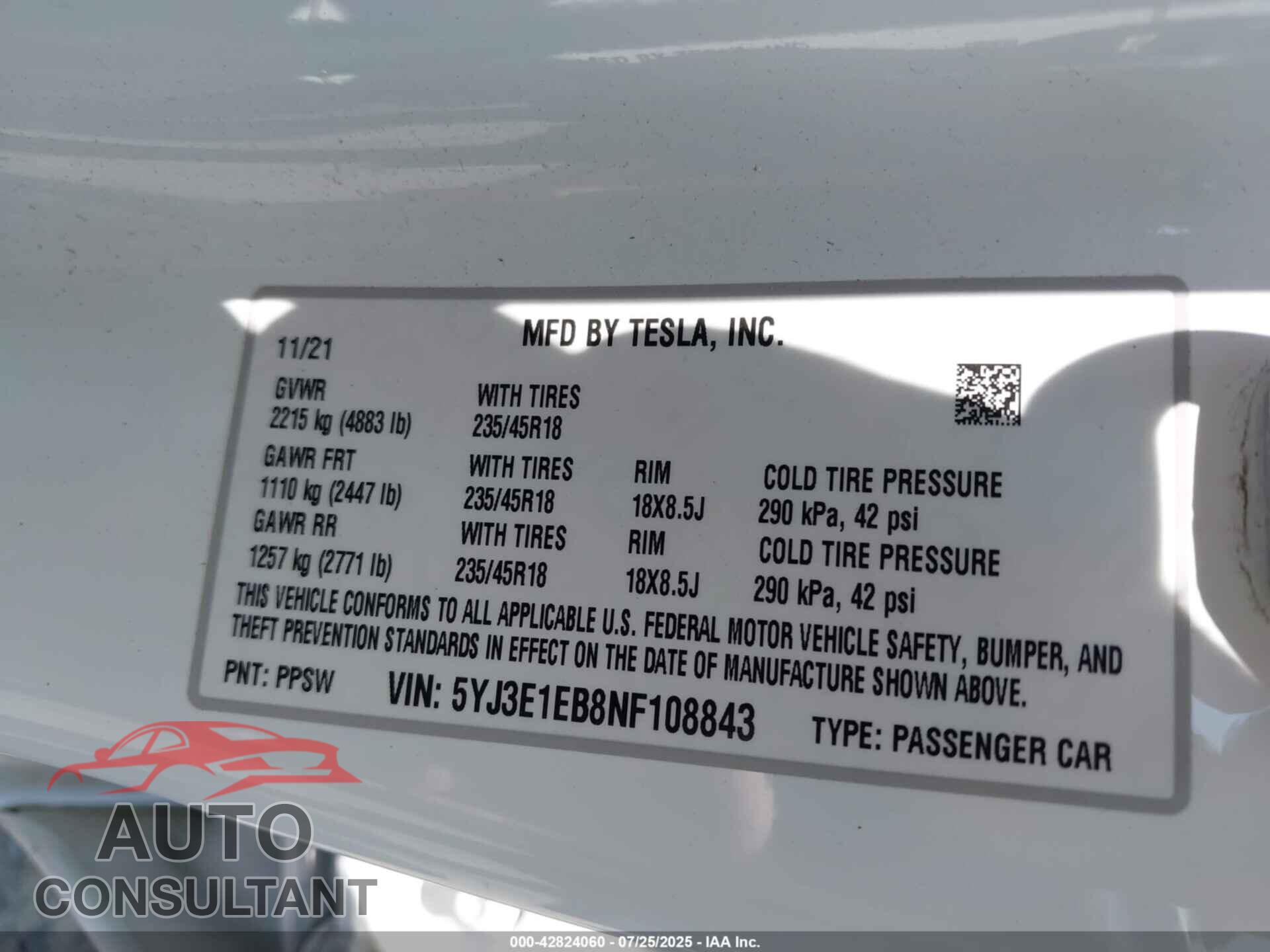 TESLA MODEL 3 2022 - 5YJ3E1EB8NF108843