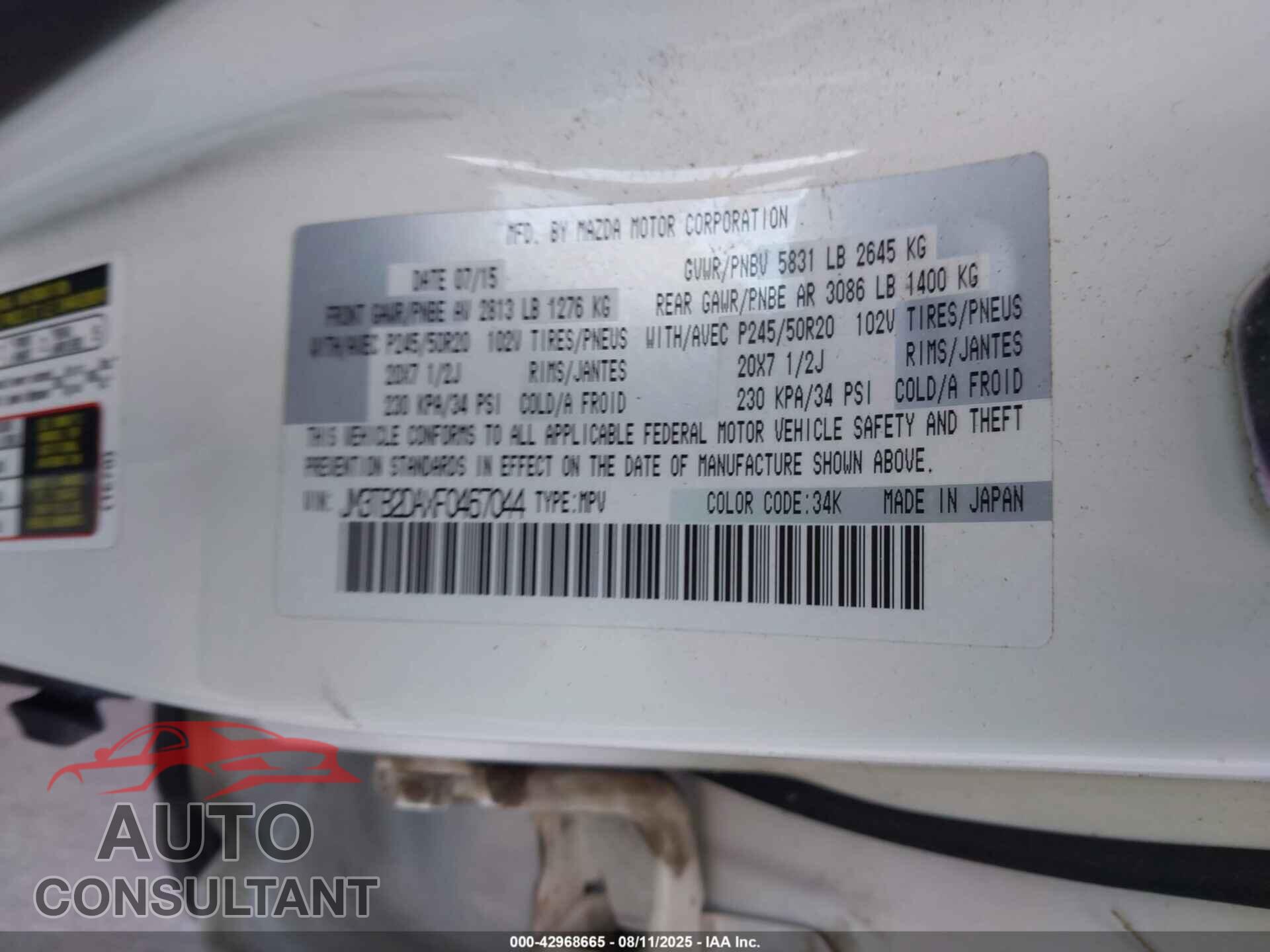 MAZDA CX-9 2015 - JM3TB2DAXF0467044