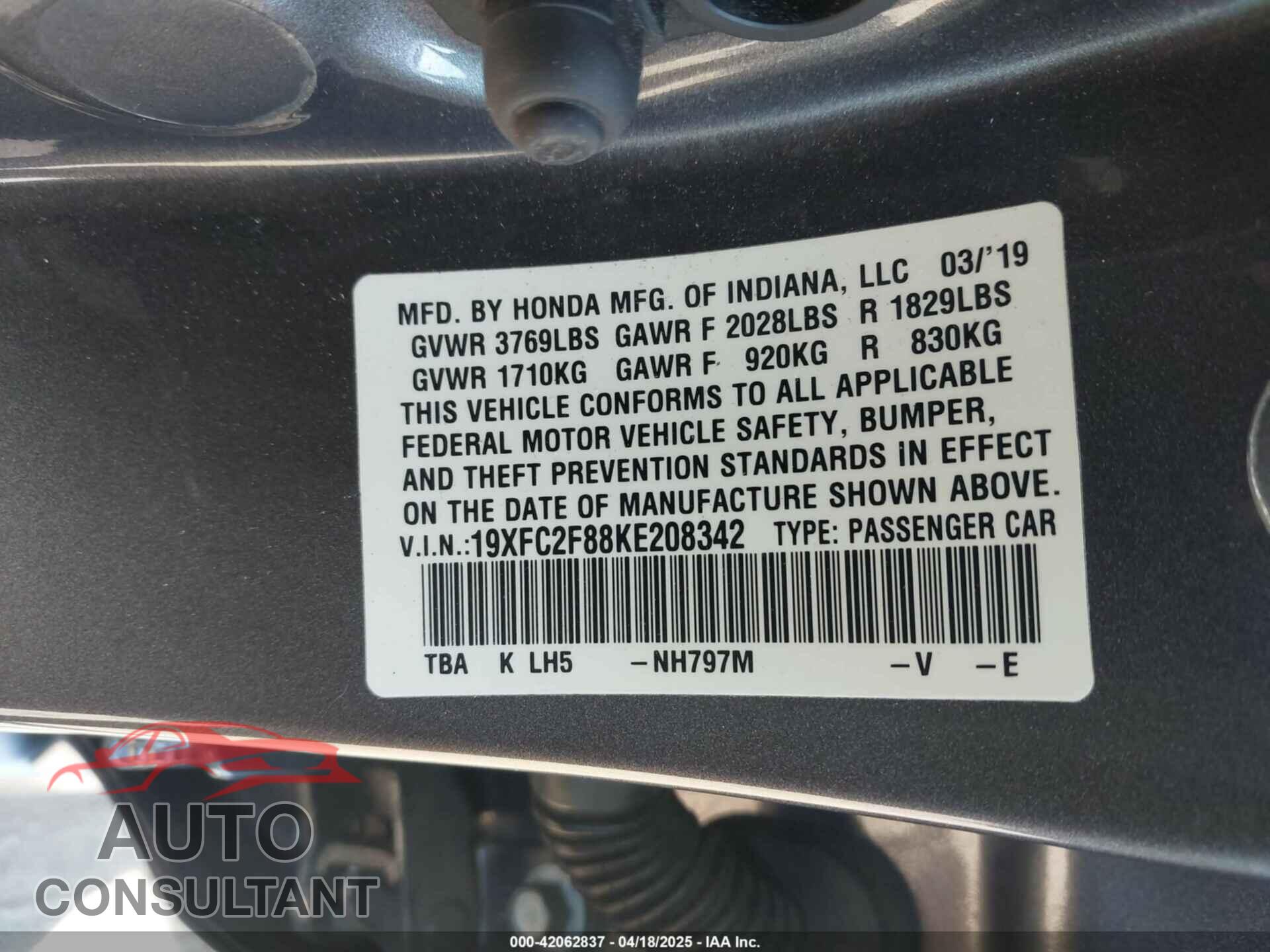 HONDA CIVIC 2019 - 19XFC2F88KE208342