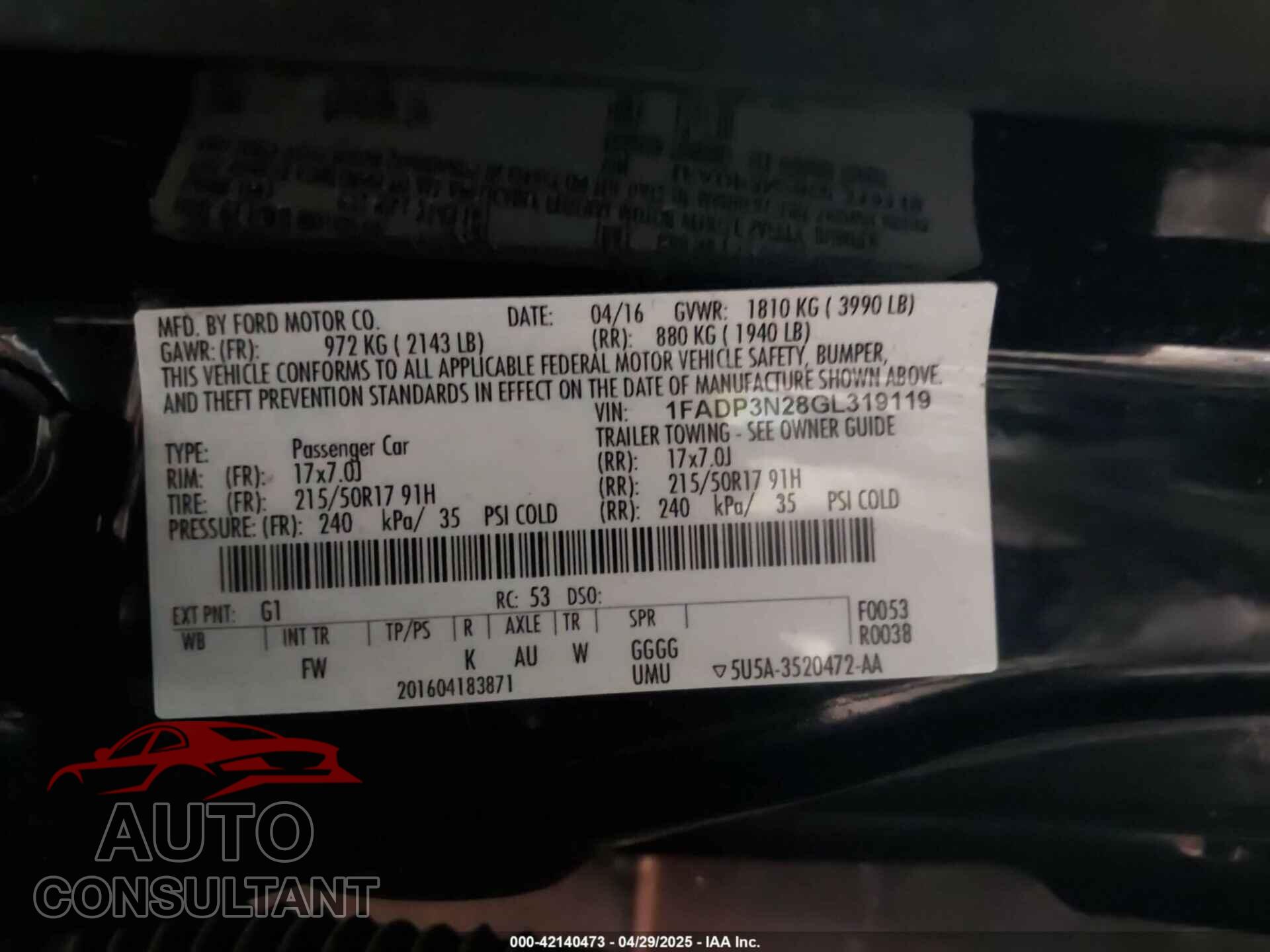 FORD FOCUS 2016 - 1FADP3N28GL319119
