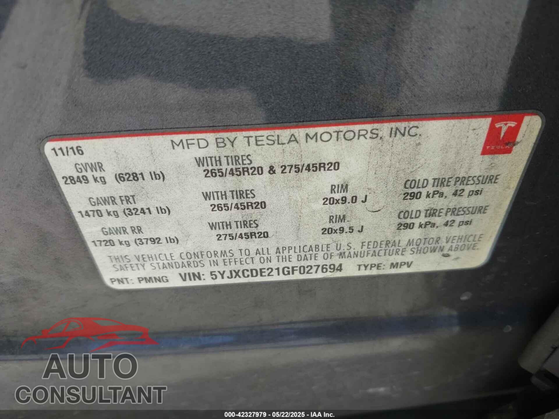 TESLA MODEL X 2016 - 5YJXCDE21GF027694