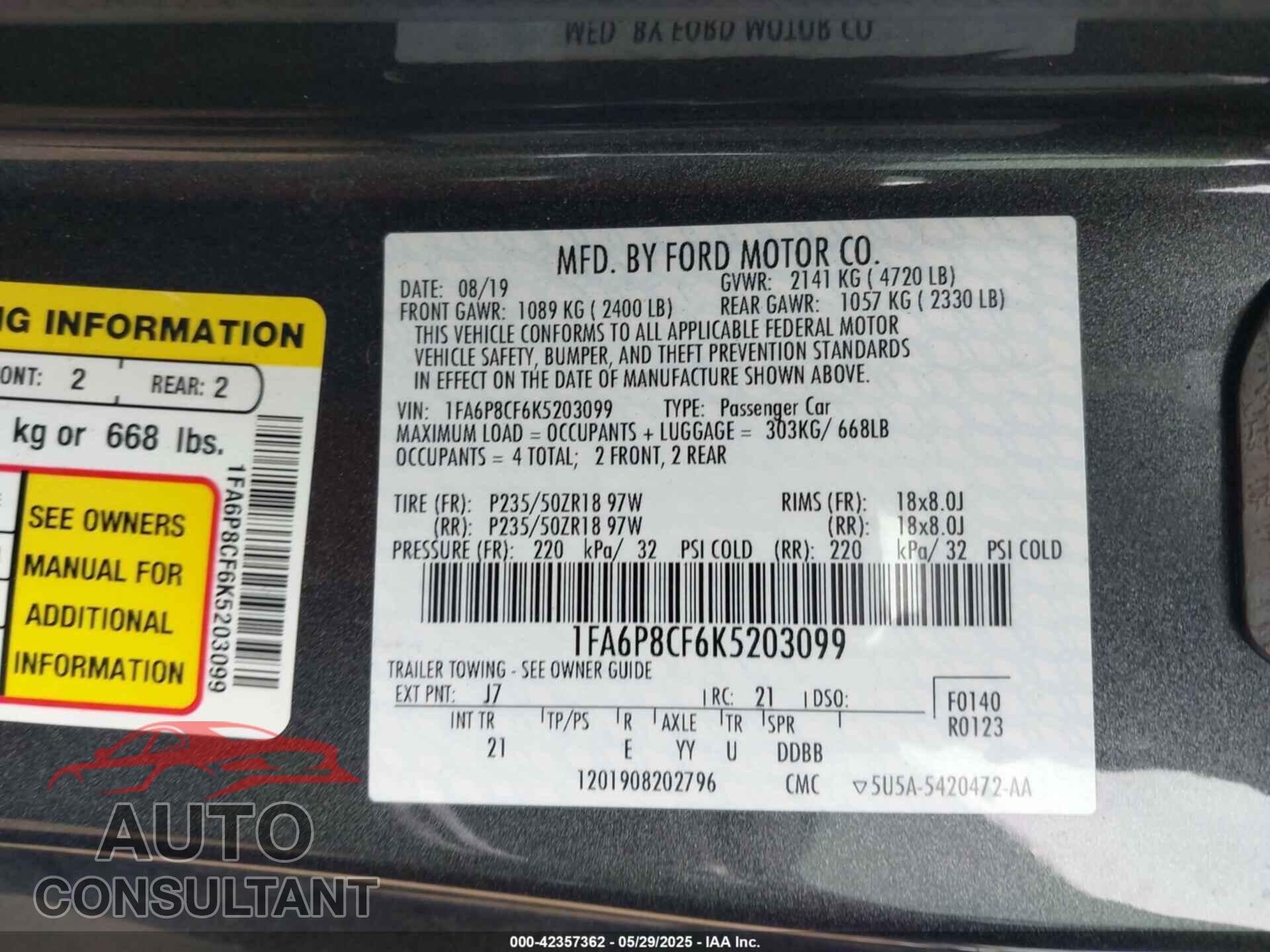FORD MUSTANG 2019 - 1FA6P8CF6K5203099