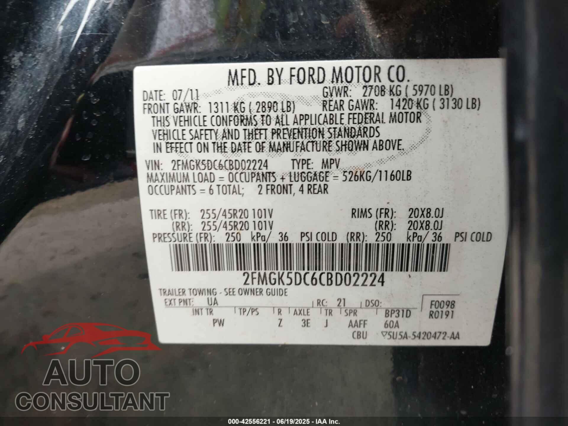 FORD FLEX 2012 - 2FMGK5DC6CBD02224