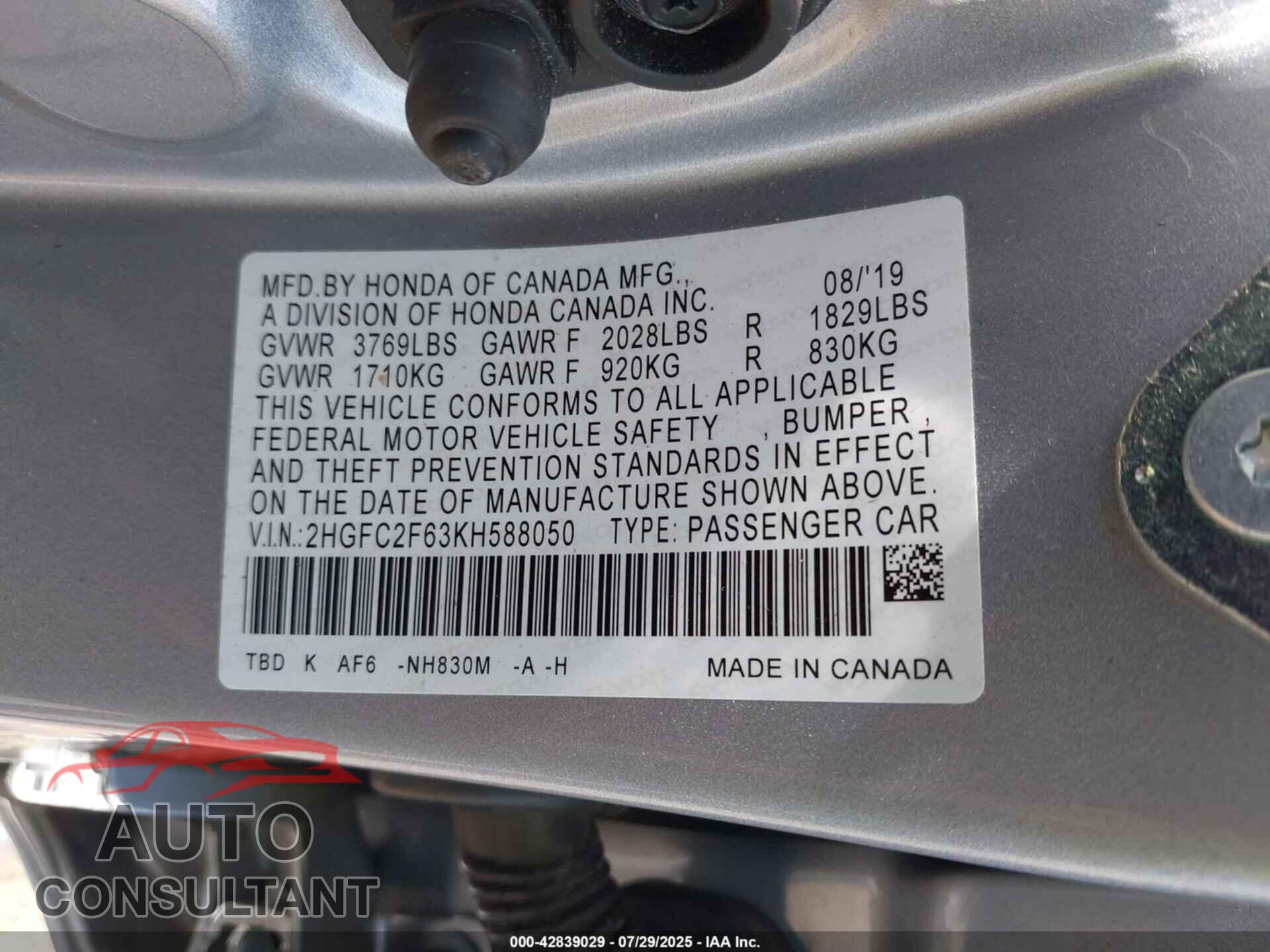 HONDA CIVIC 2019 - 2HGFC2F63KH588050