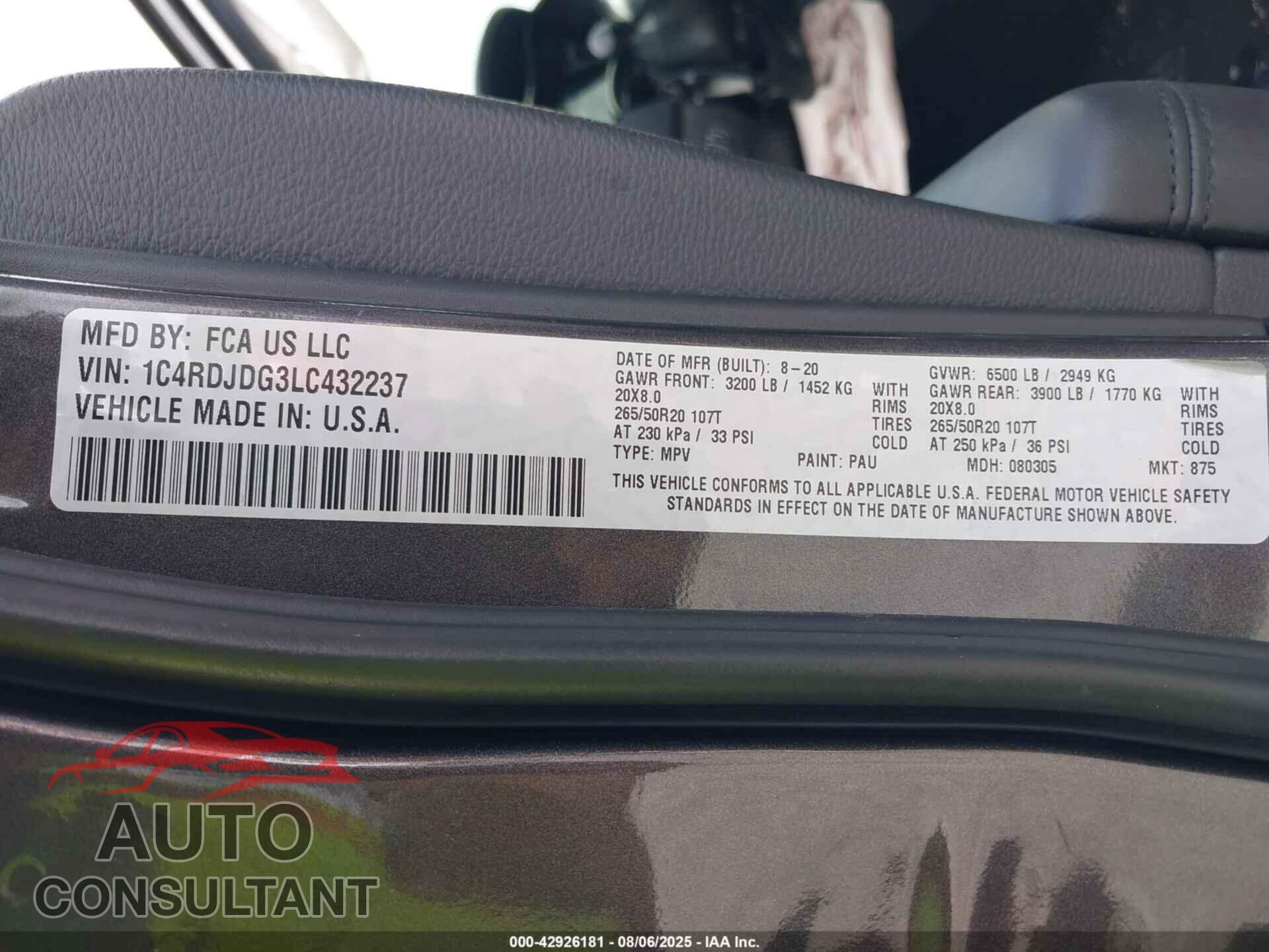DODGE DURANGO 2020 - 1C4RDJDG3LC432237