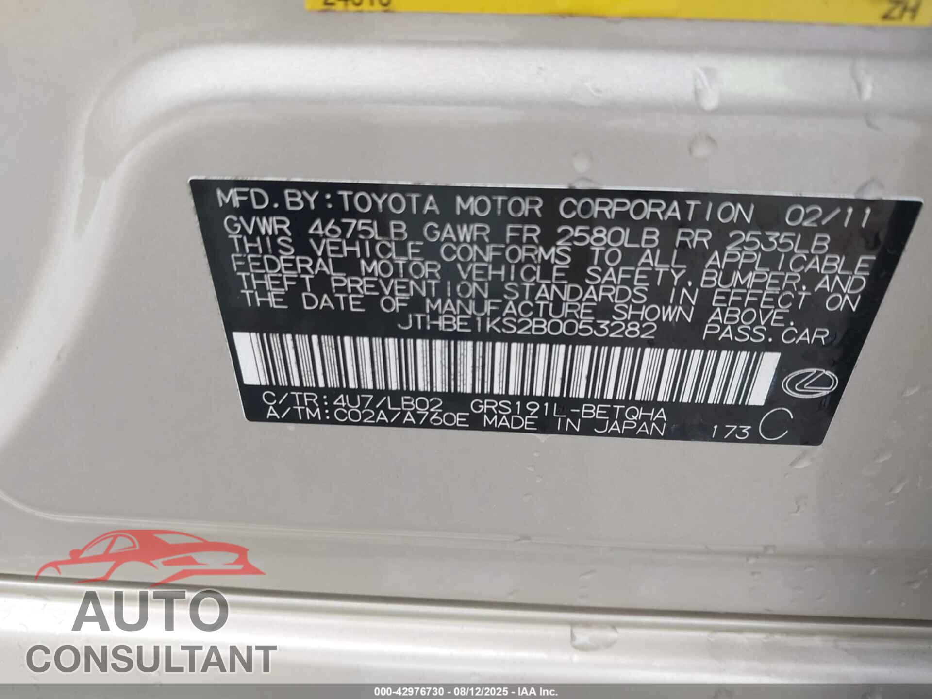 LEXUS GS 350 2011 - JTHBE1KS2B0053282
