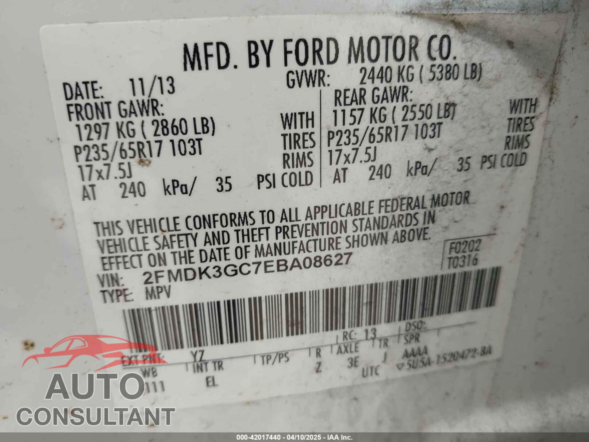 FORD EDGE 2014 - 2FMDK3GC7EBA08627