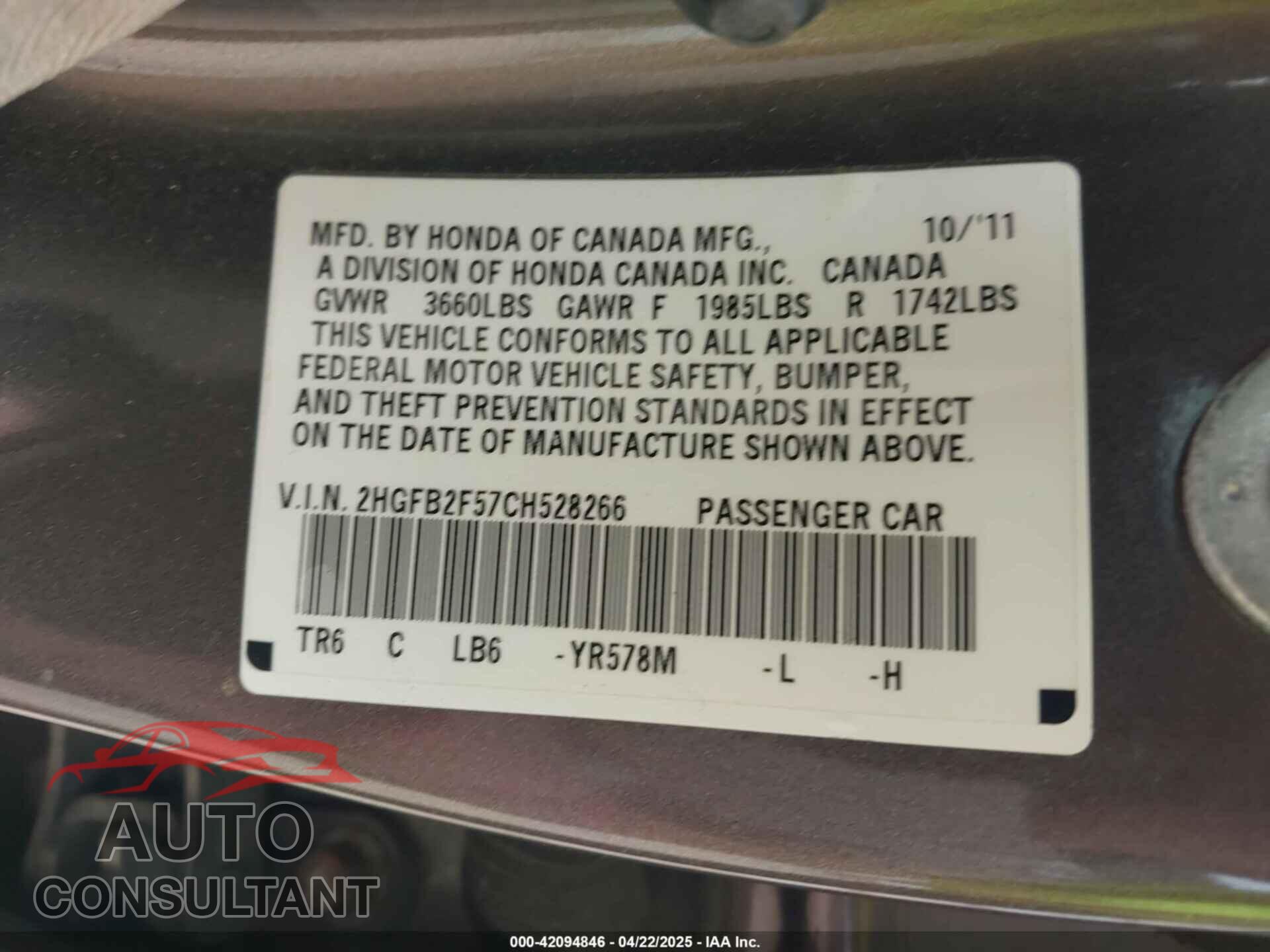 HONDA CIVIC 2012 - 2HGFB2F57CH528266